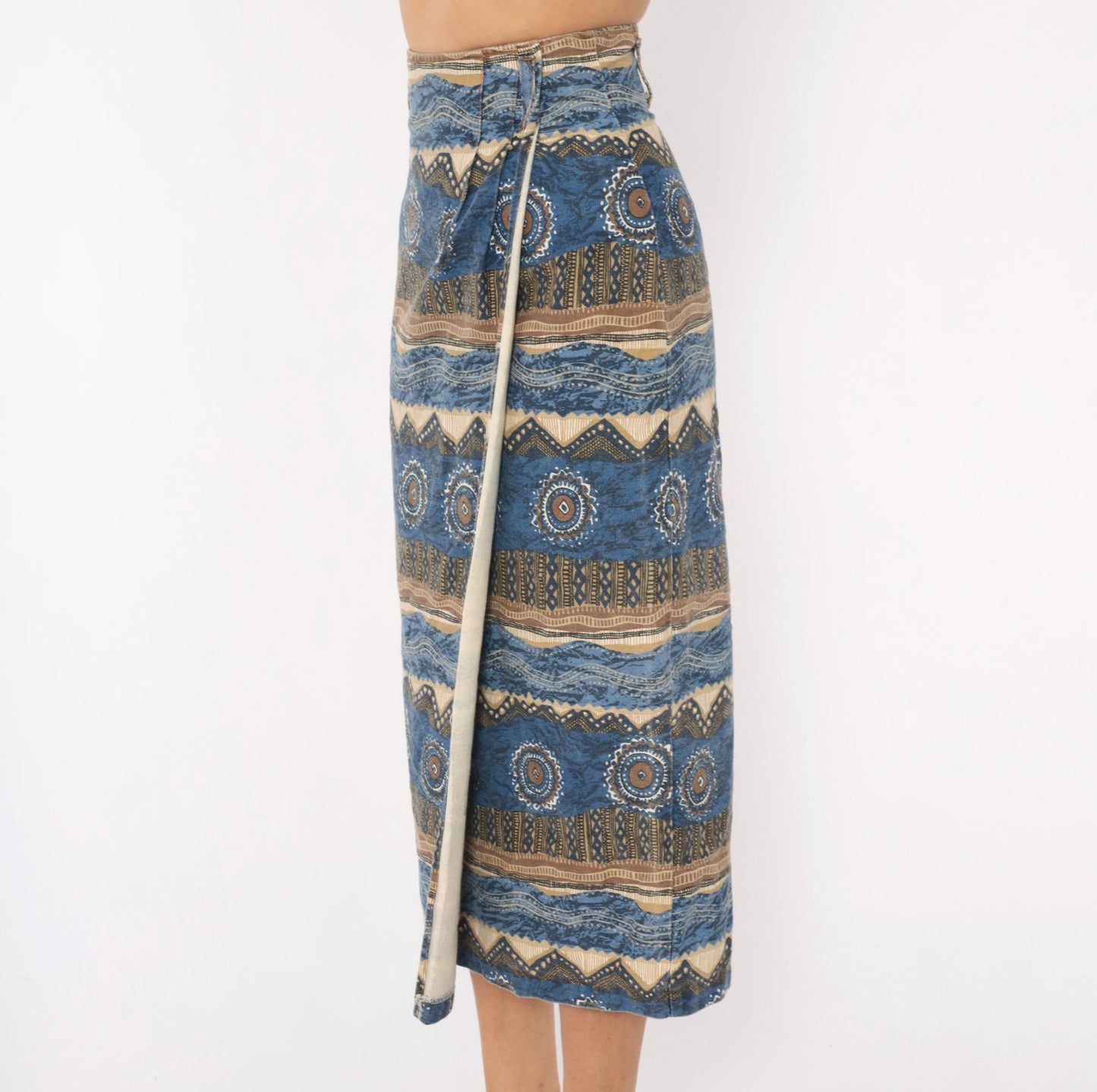 90s Southwestern Tribal Midi Skirt Blue Cream Cotton High Waist Wrap Small