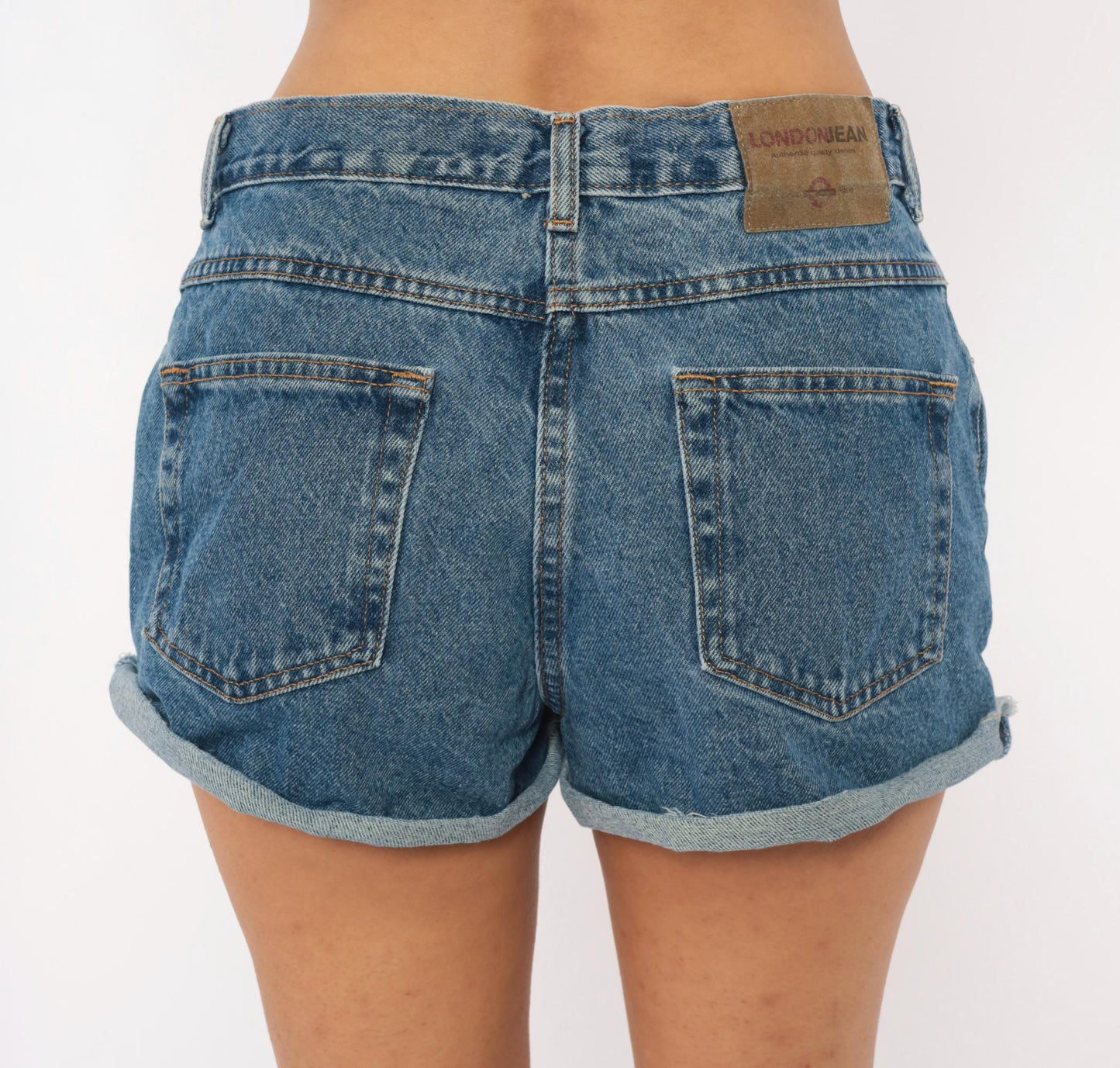 90s LondonJean Denim Shorts Cuffed Low Rise Blue Cotton Medium M