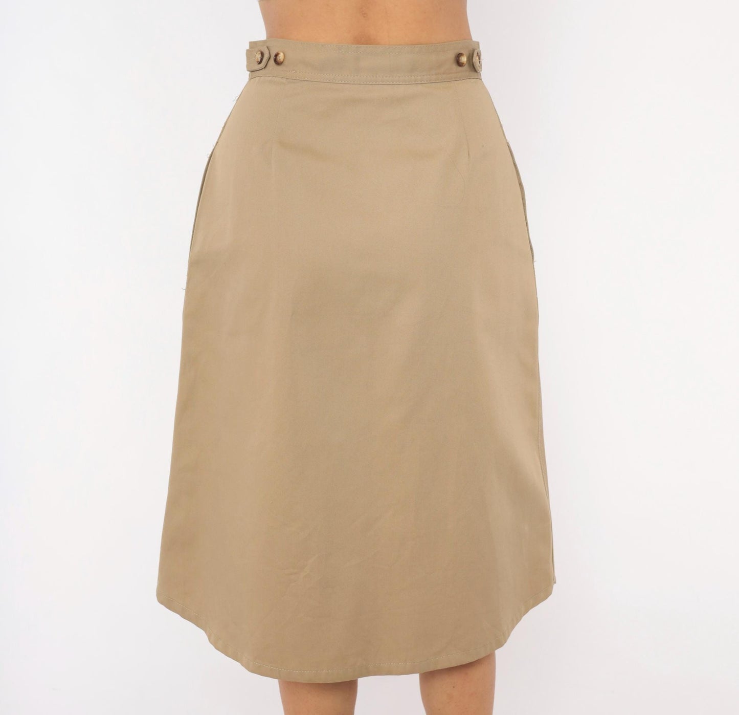 80s Bear It Khaki A-Line Midi Skirt Button Front Cotton Tan Small S