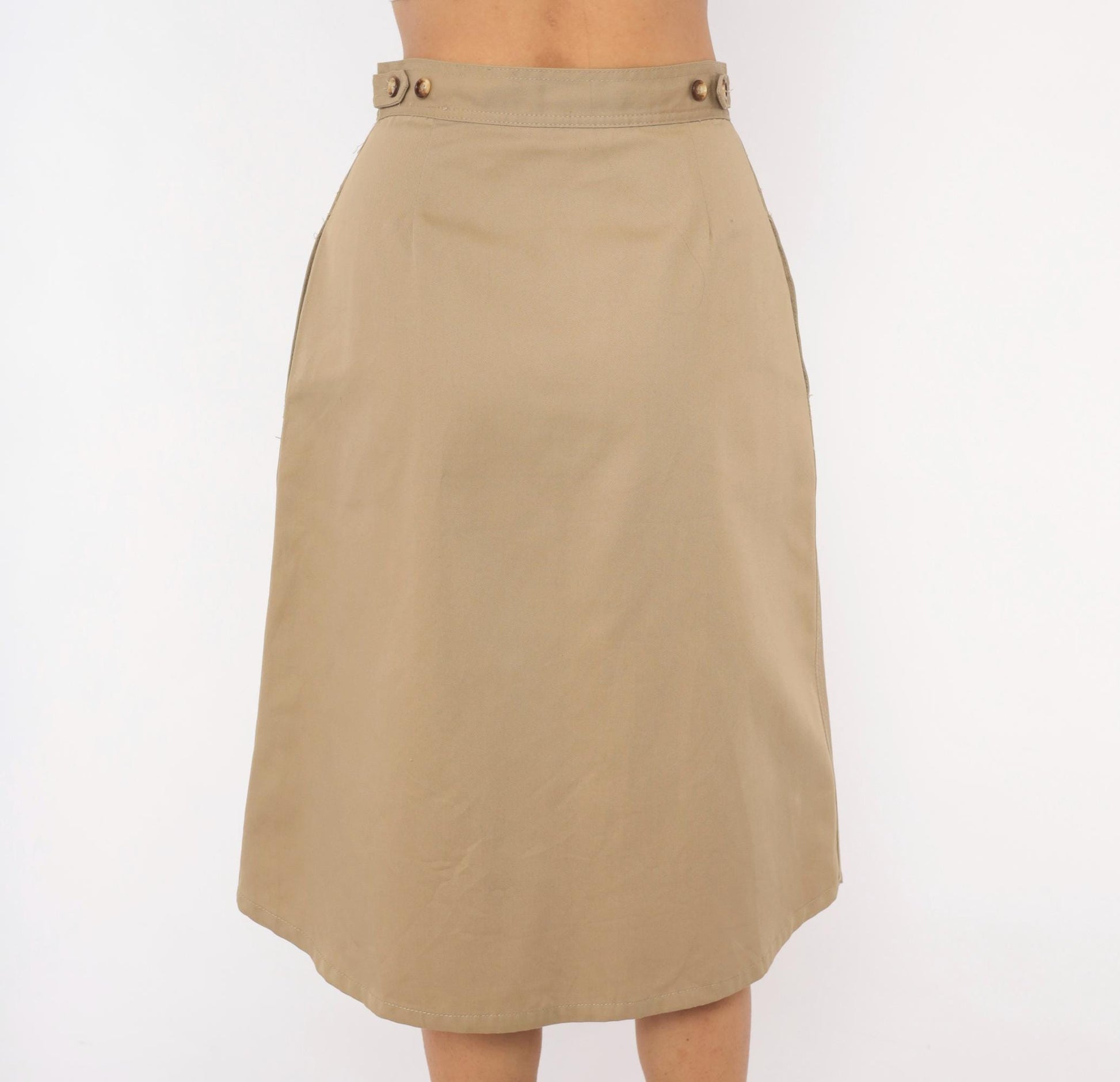 80s Bear It Khaki A-Line Midi Skirt Button Front Cotton Tan Small S