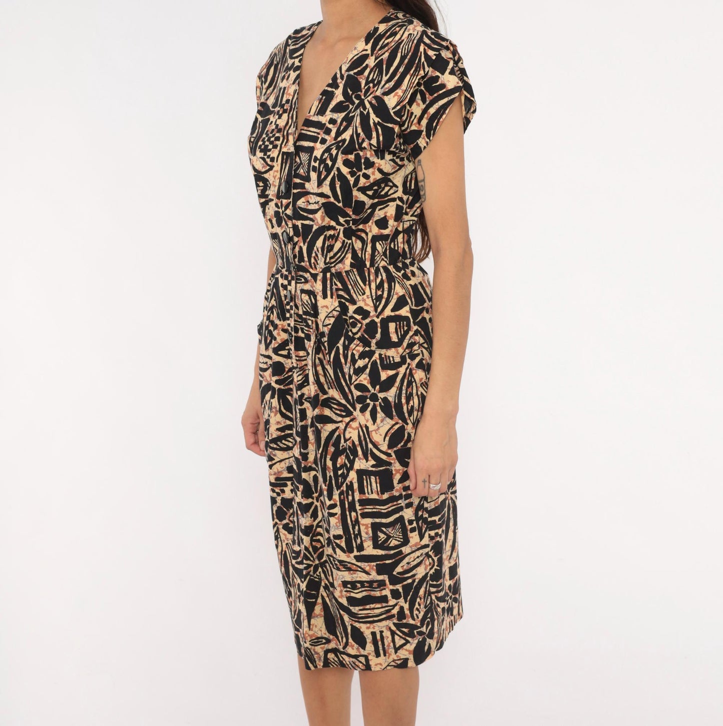 80s Tapa Print Dress Black Tan V-Neck Cotton Tropical Floral Pencil Small