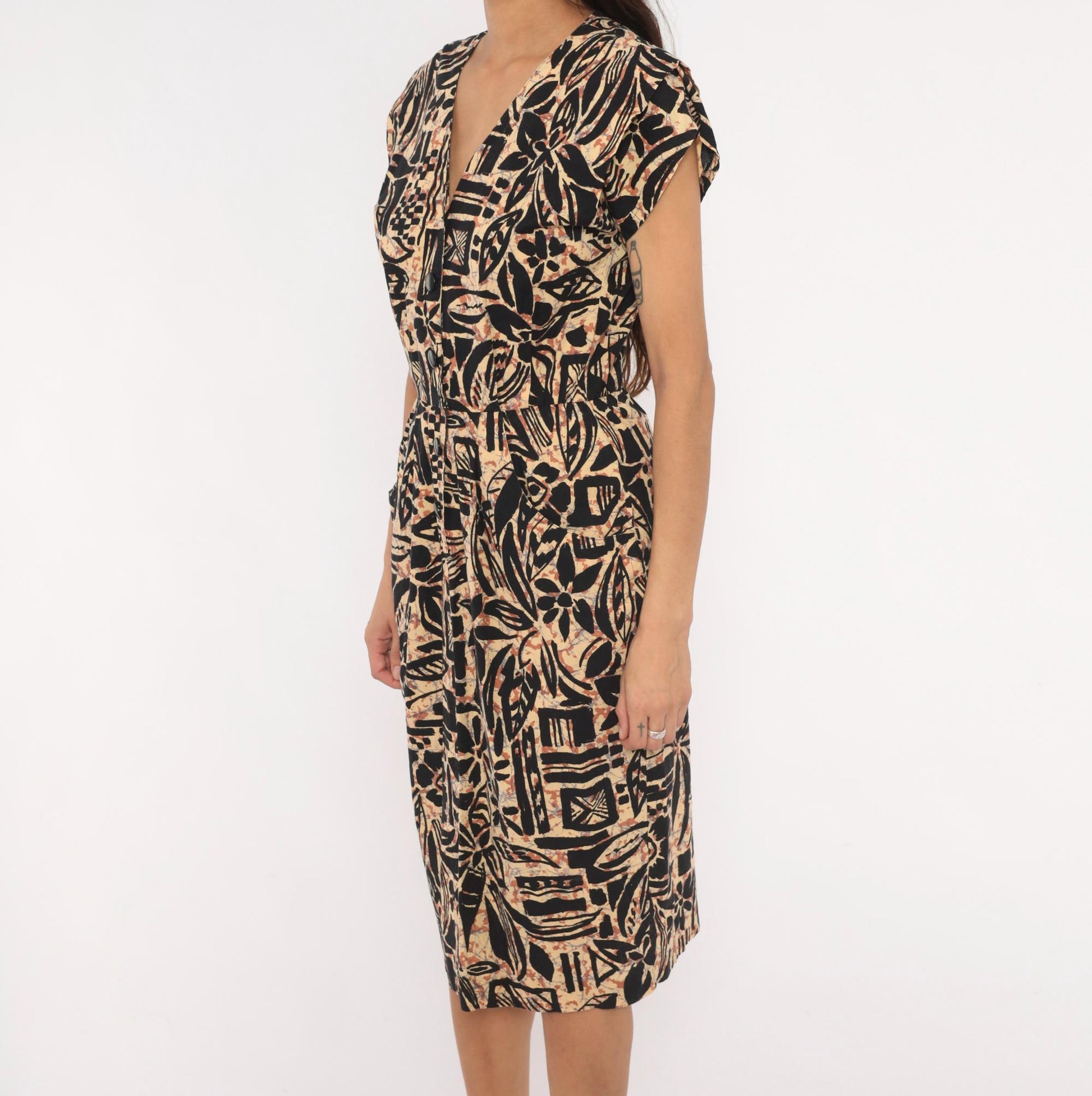 80s Tapa Print Dress Black Tan V-Neck Cotton Tropical Floral Pencil Small