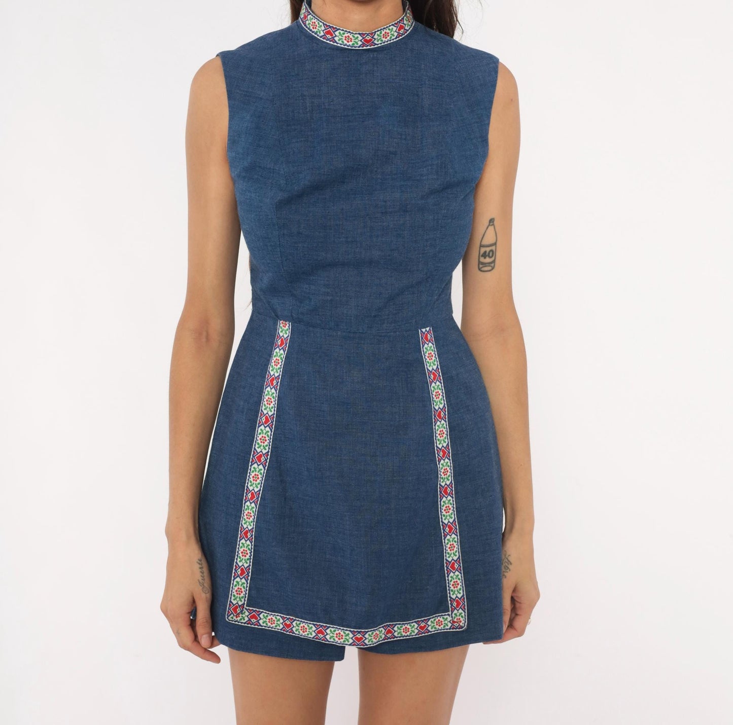 60s Navy Chambray Romper Embroidered Folk Floral Mock Neck Playsuit XS