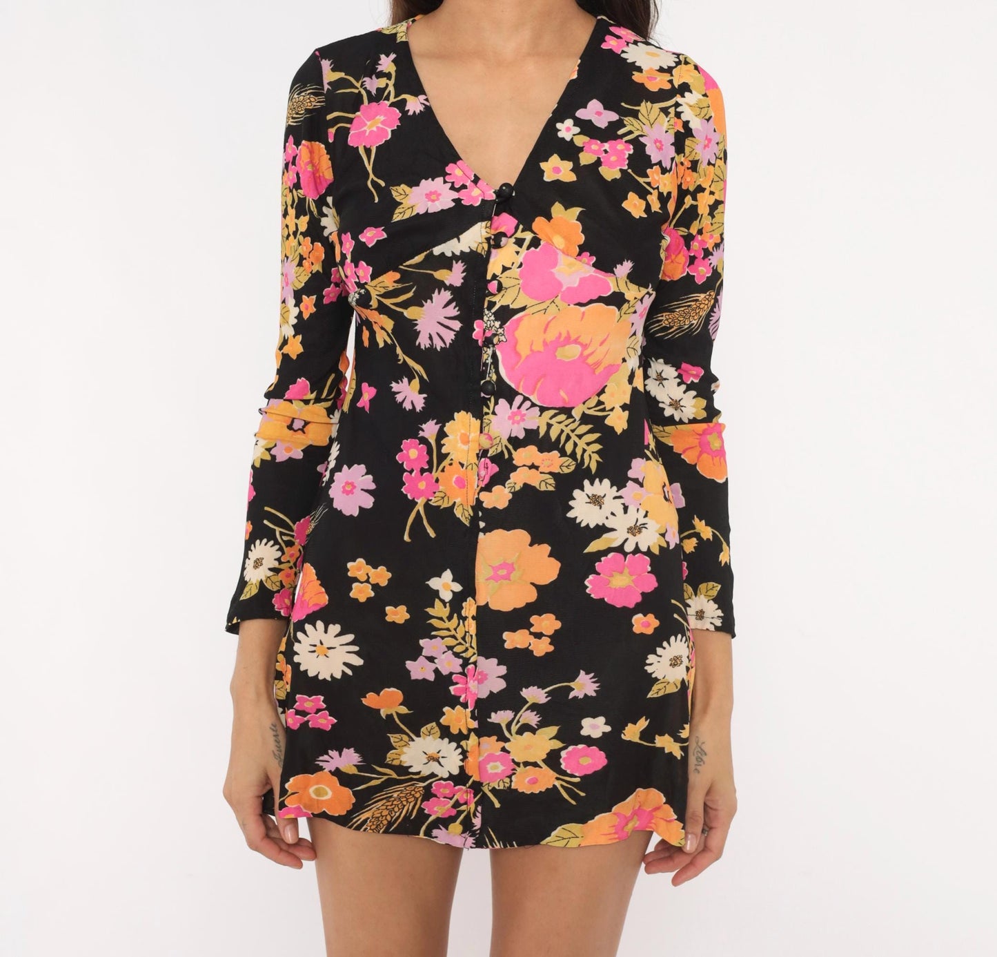 70s The Company Floral Mini Dress Black Pink Orange V-Neck Long Sleeve Small