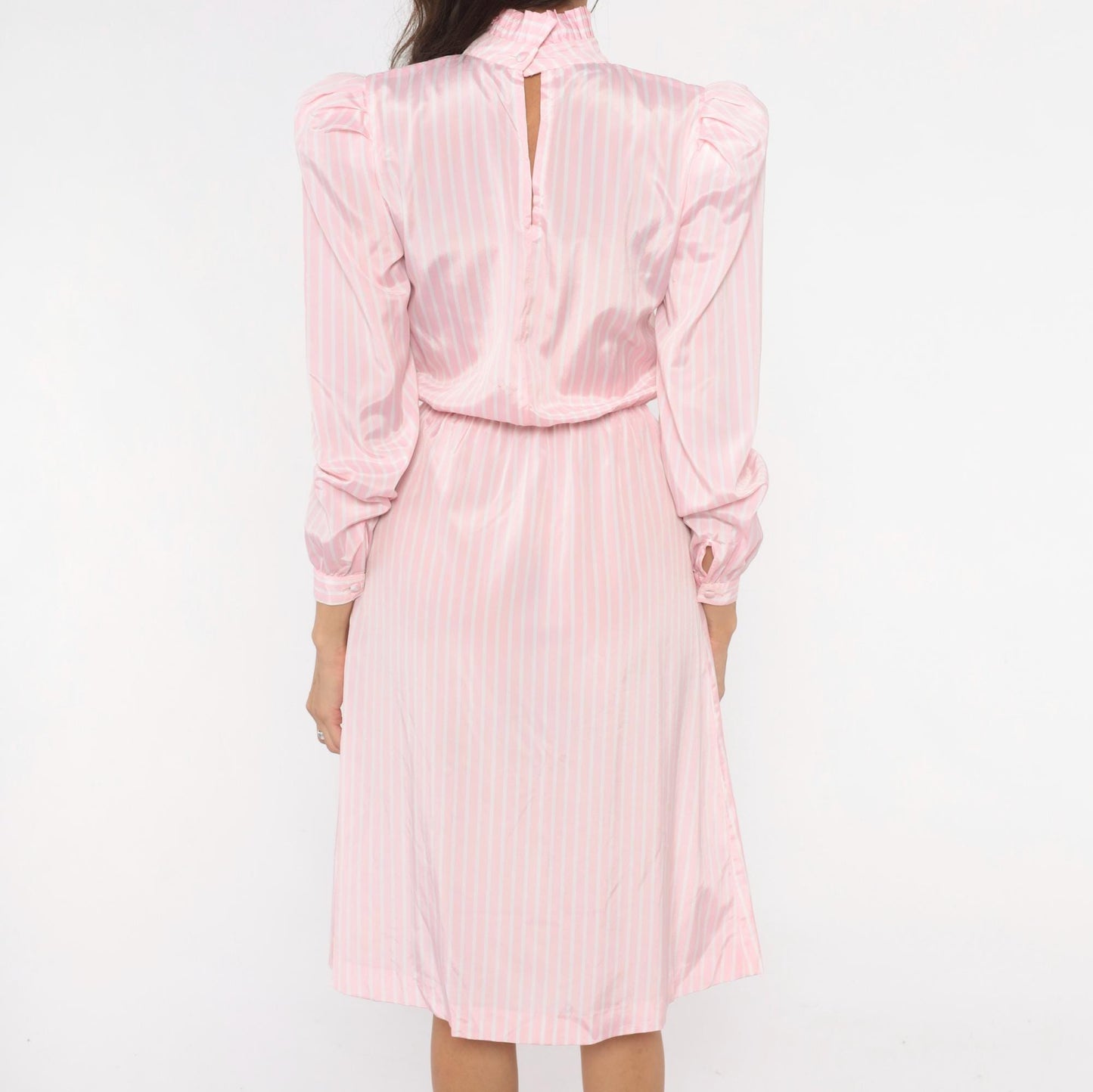 80s Jennifer Pink White Striped Dress Puff Sleeve Mock Neck Small
