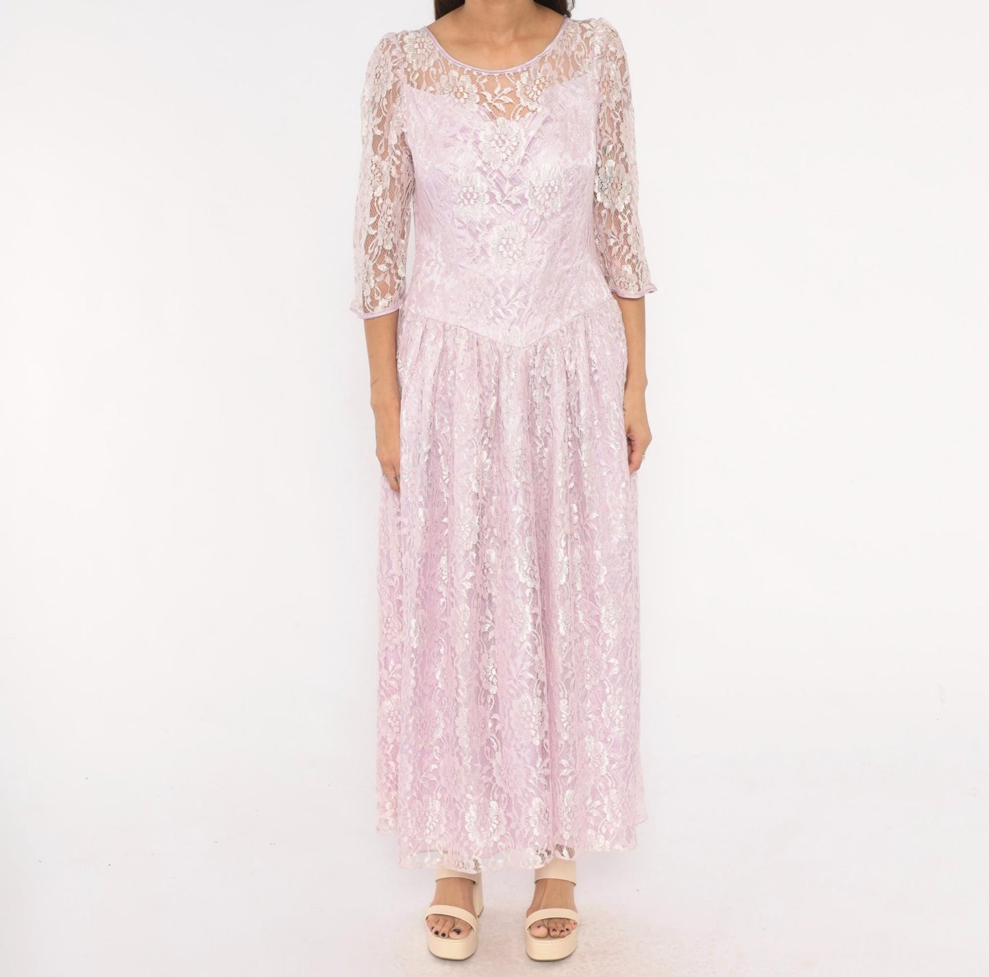 80s Lavender Lace Maxi Dress Floral Sheer Sleeve Drop Waist Large L
