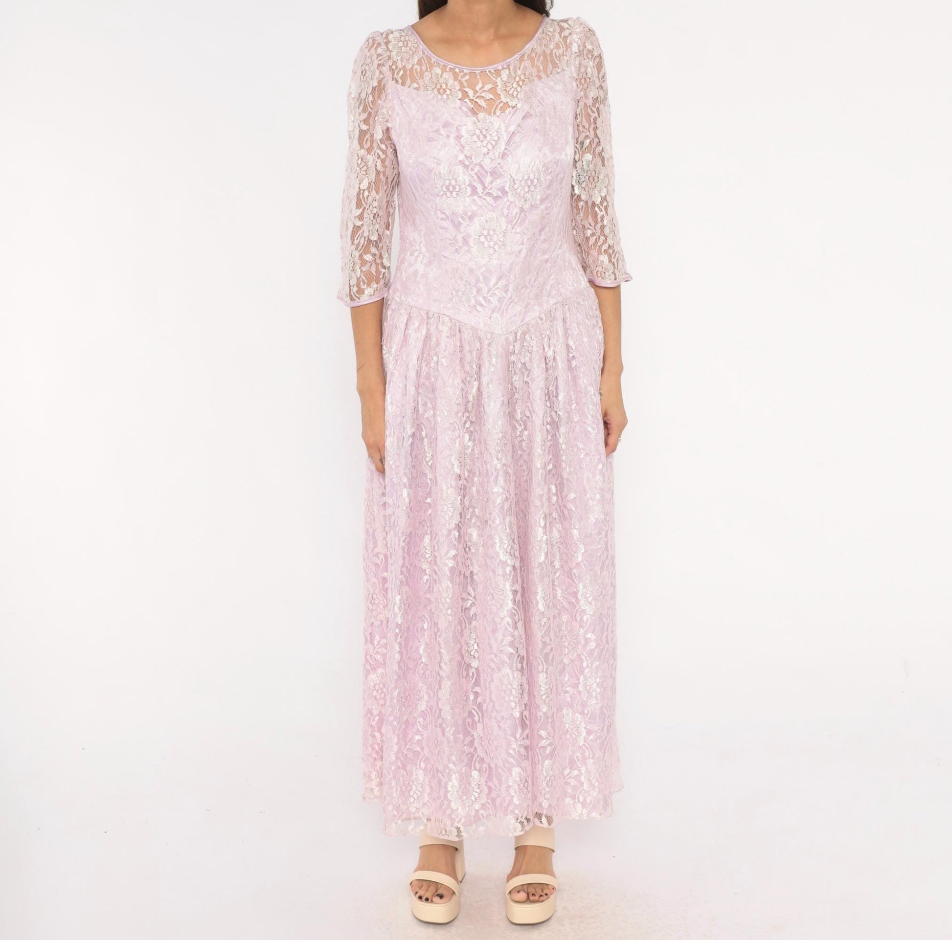 80s Lavender Lace Maxi Dress Floral Sheer Sleeve Drop Waist Large L