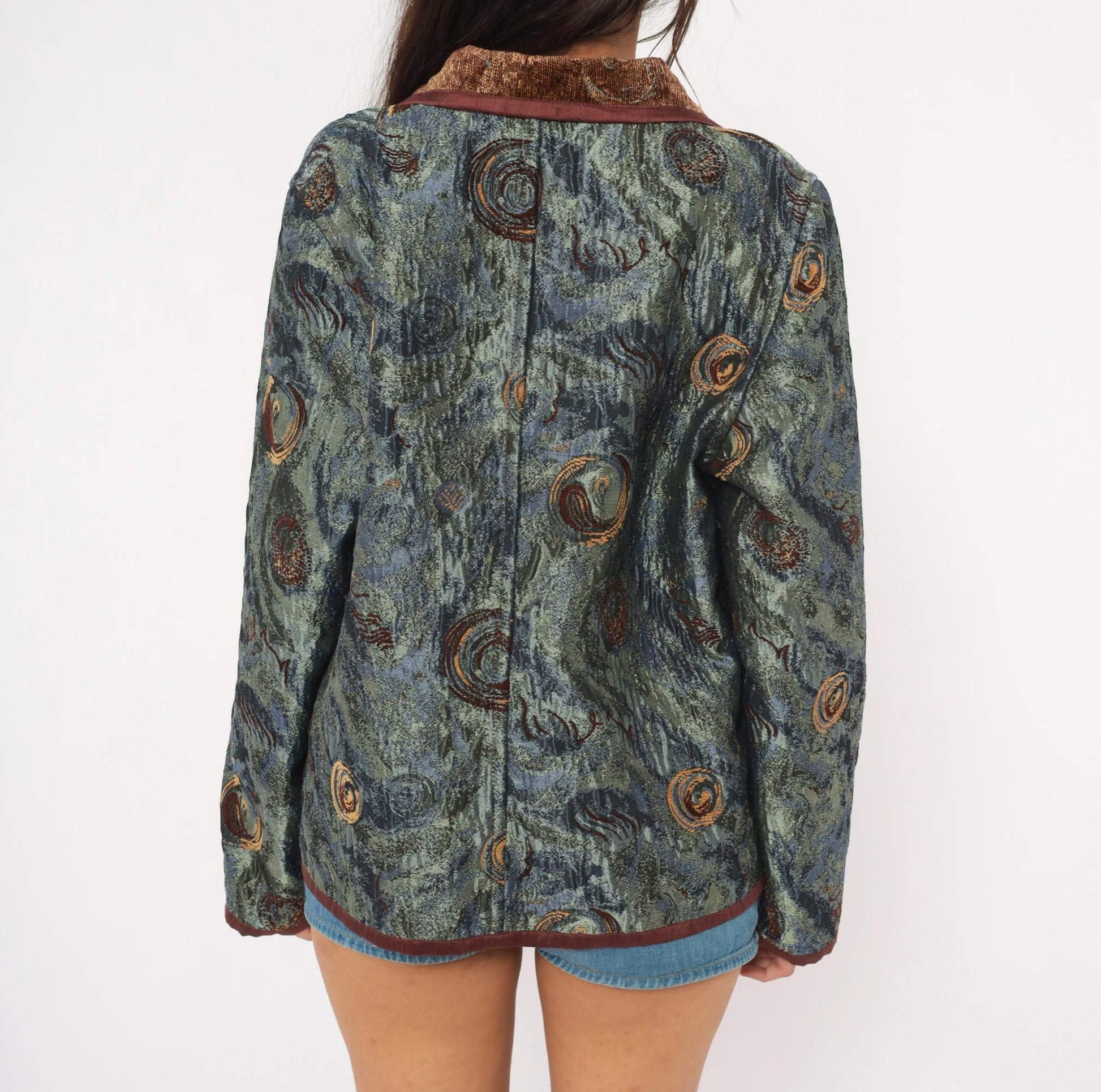 2000s Yak Magik Tapestry Blazer Woven Spiral Jacquard Blue Green Brown Extra Large XXL