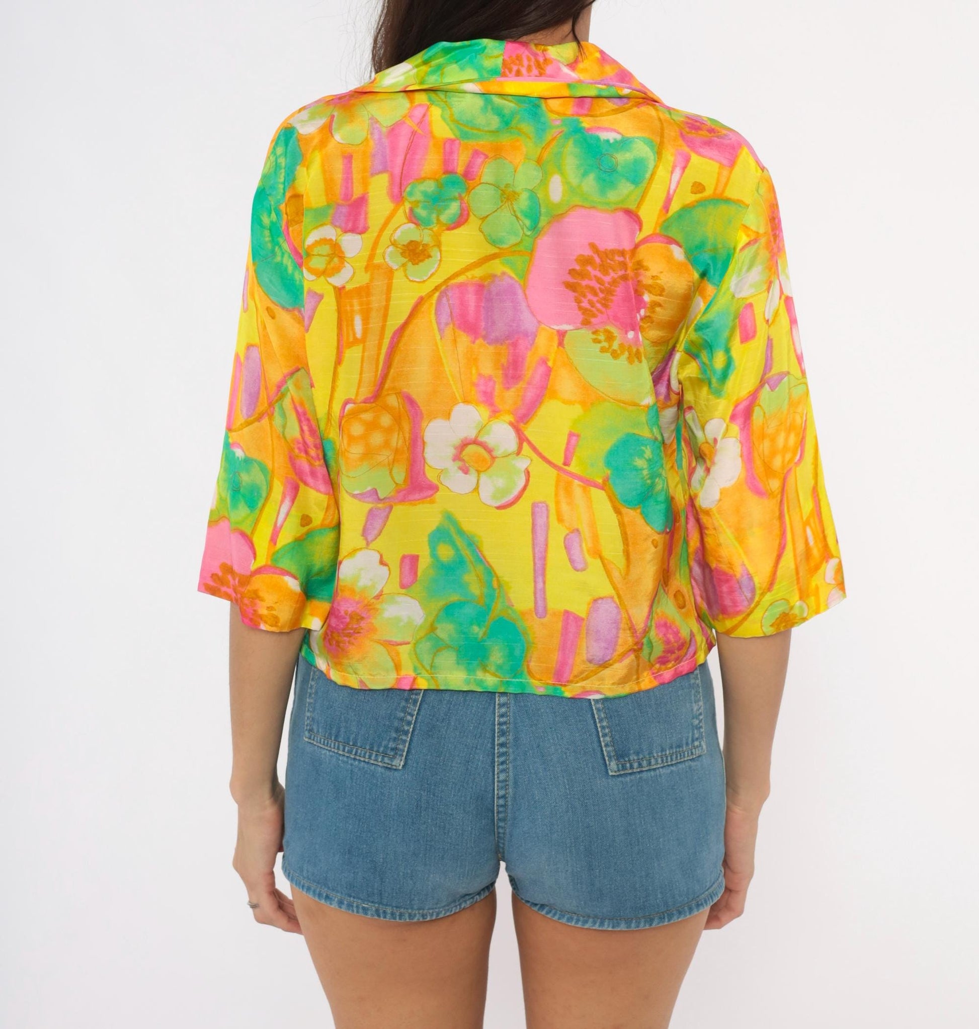 70s Alice Watercolor Floral Button Blouse Yellow Pink Green Small Medium
