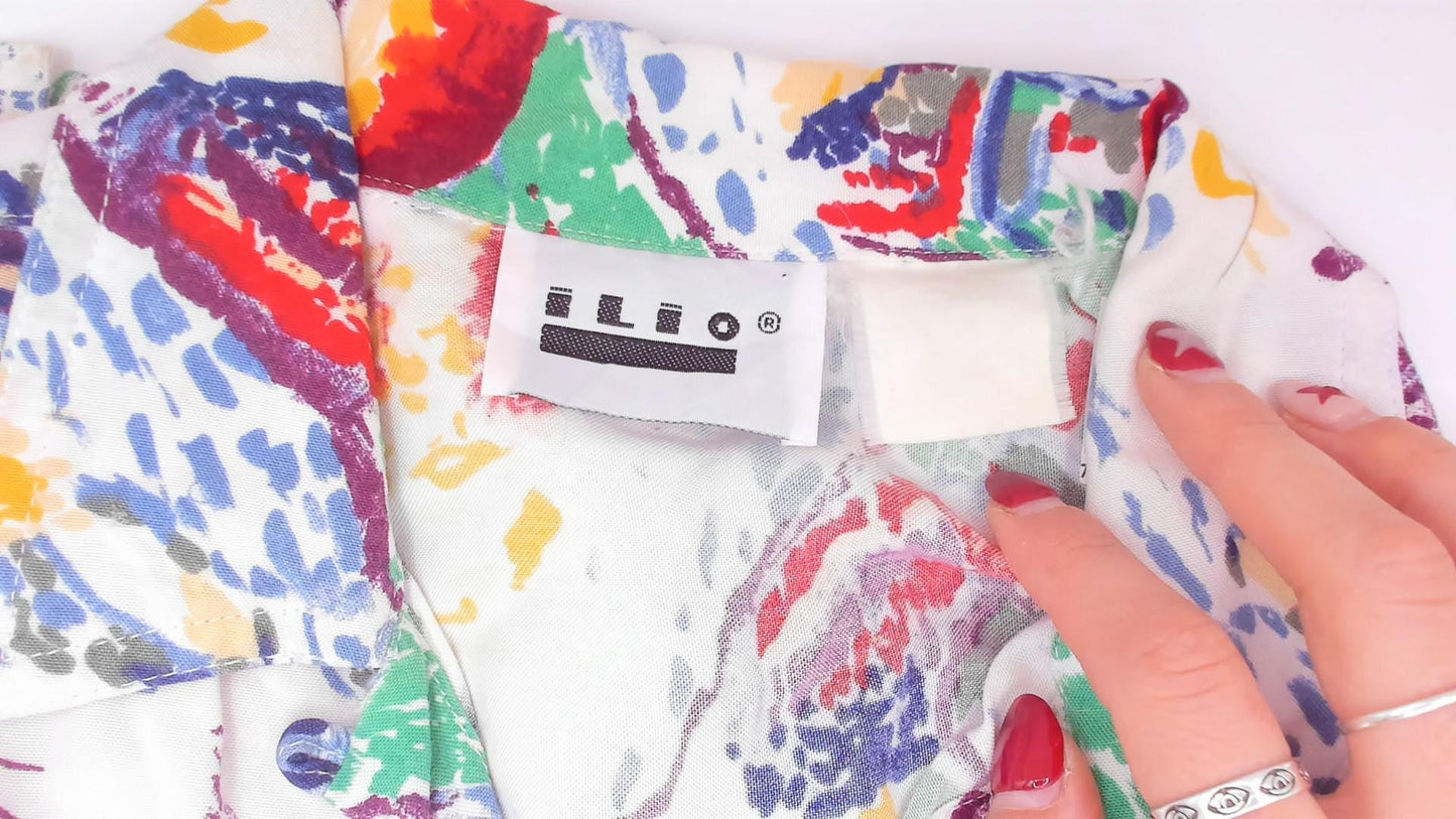 90s Ilio Abstract Painterly Button-Up Blouse Multicolor Camp Collar Medium M
