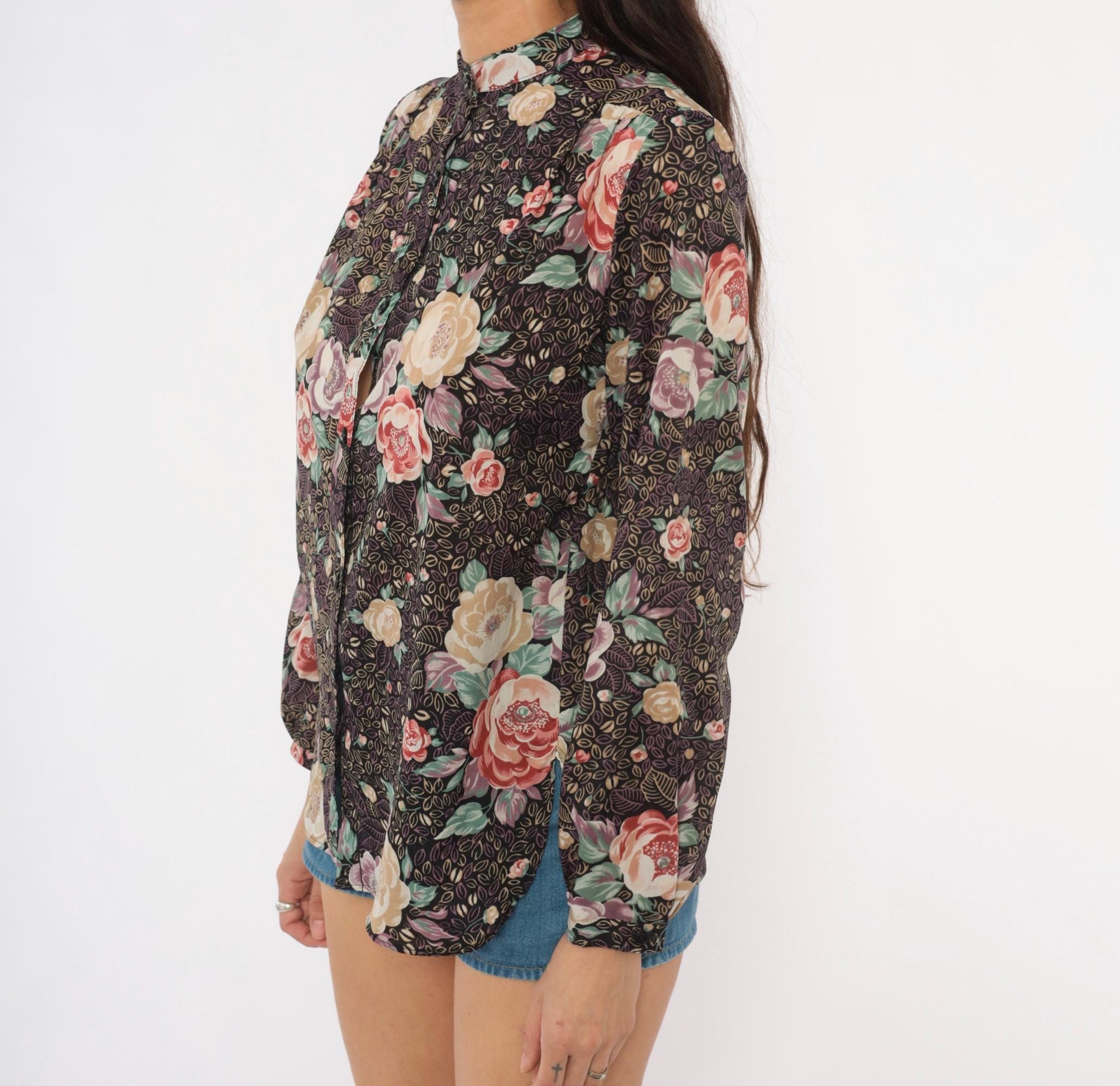 80s Elles Belles Floral Blouse Puff Shoulder Rose Print Plum Medium