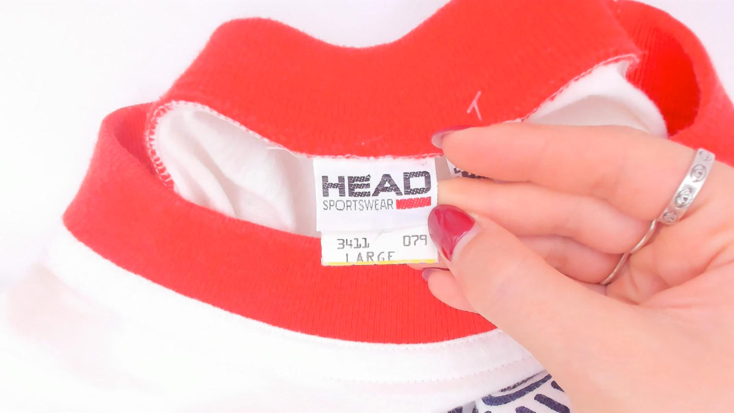 90s Head Sportswear Ringer Tee Geometric Print White Navy Red Striped Large L