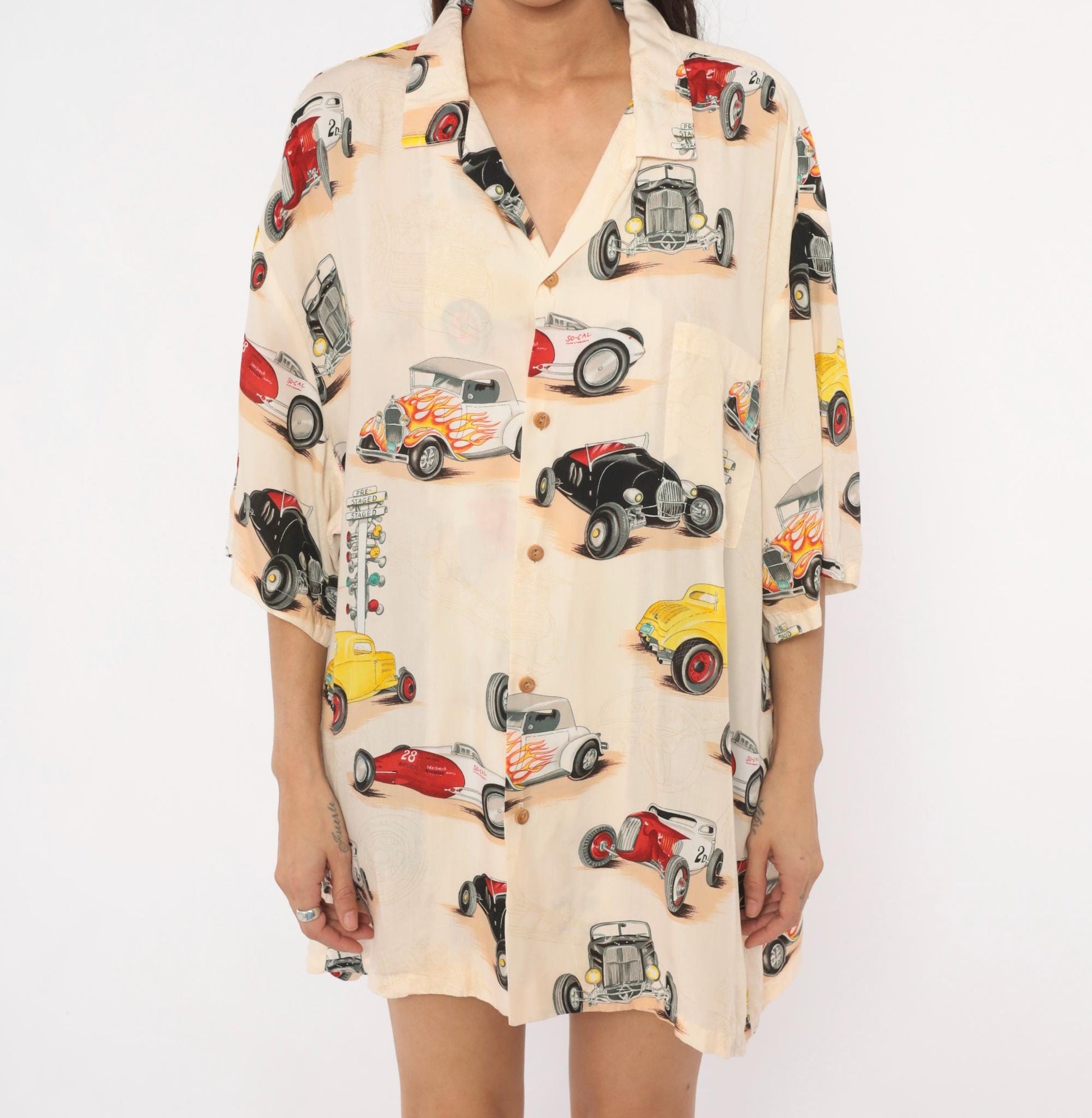2000s Paradise Found Hot Rod Hawaiian Shirt Cream Flame Print Plus Size XXL