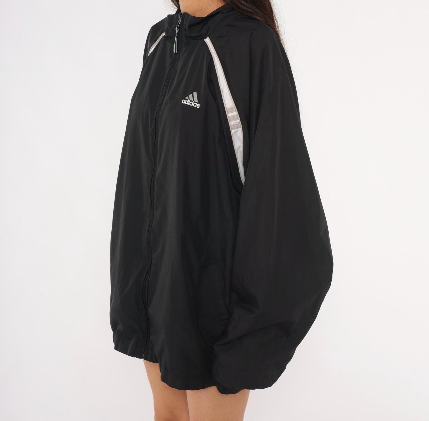 2000s Adidas Black Windbreaker White Stripe Raglan Jacket Plus Size XXL