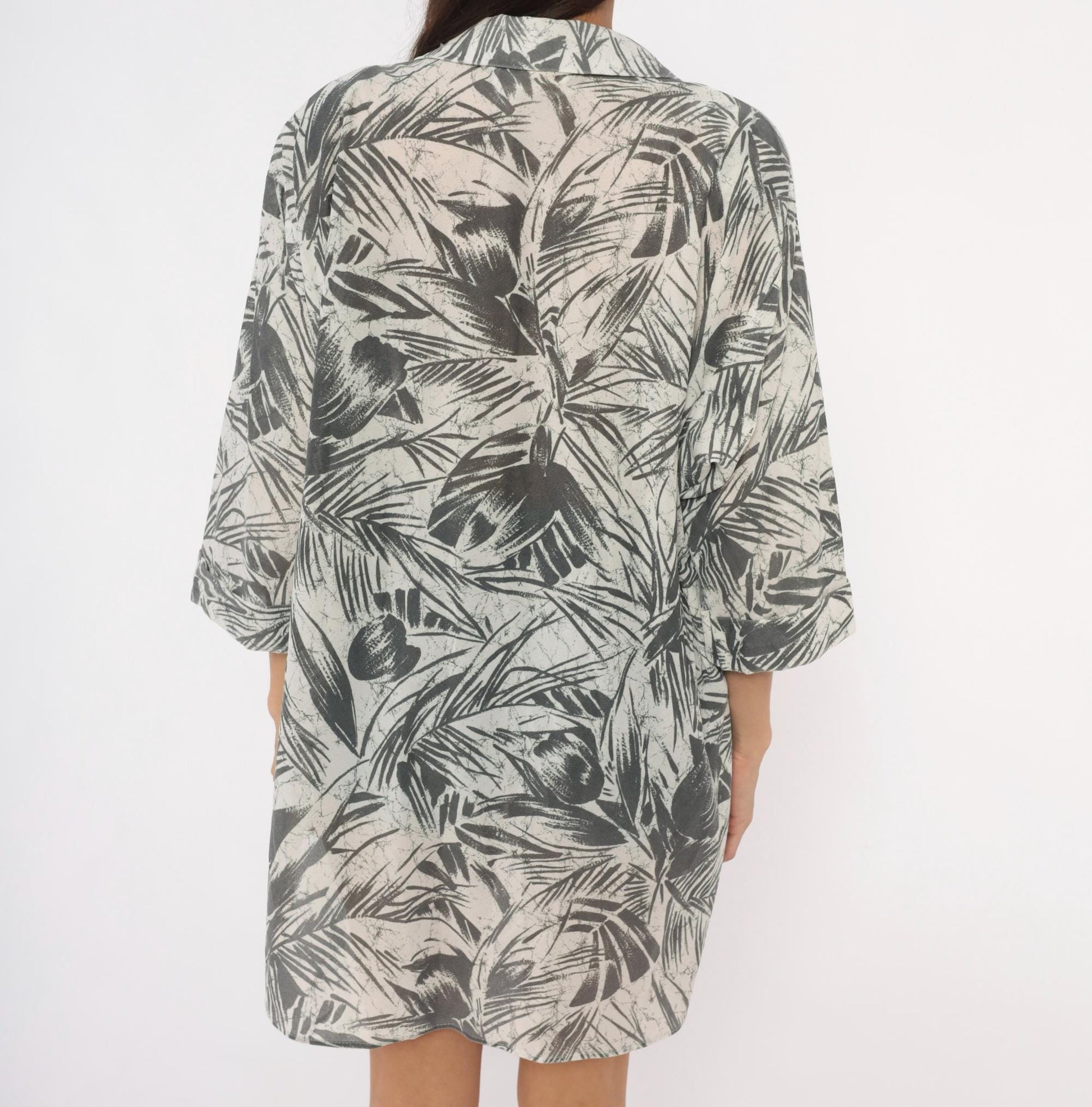 90s Cassandra Tropical Leaf Shirt Dress Grey Palm Print Button Front Mini XL