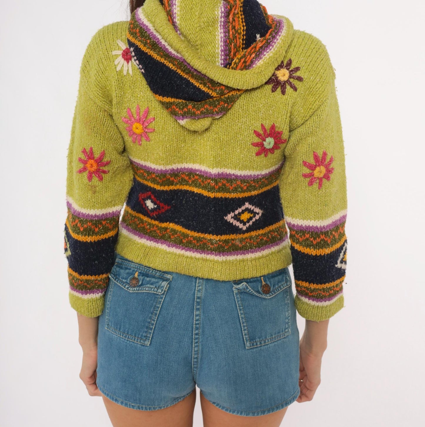 2000s Olive Wool Cropped Hooded Zip Sweater Embroidered Floral Knit XXS