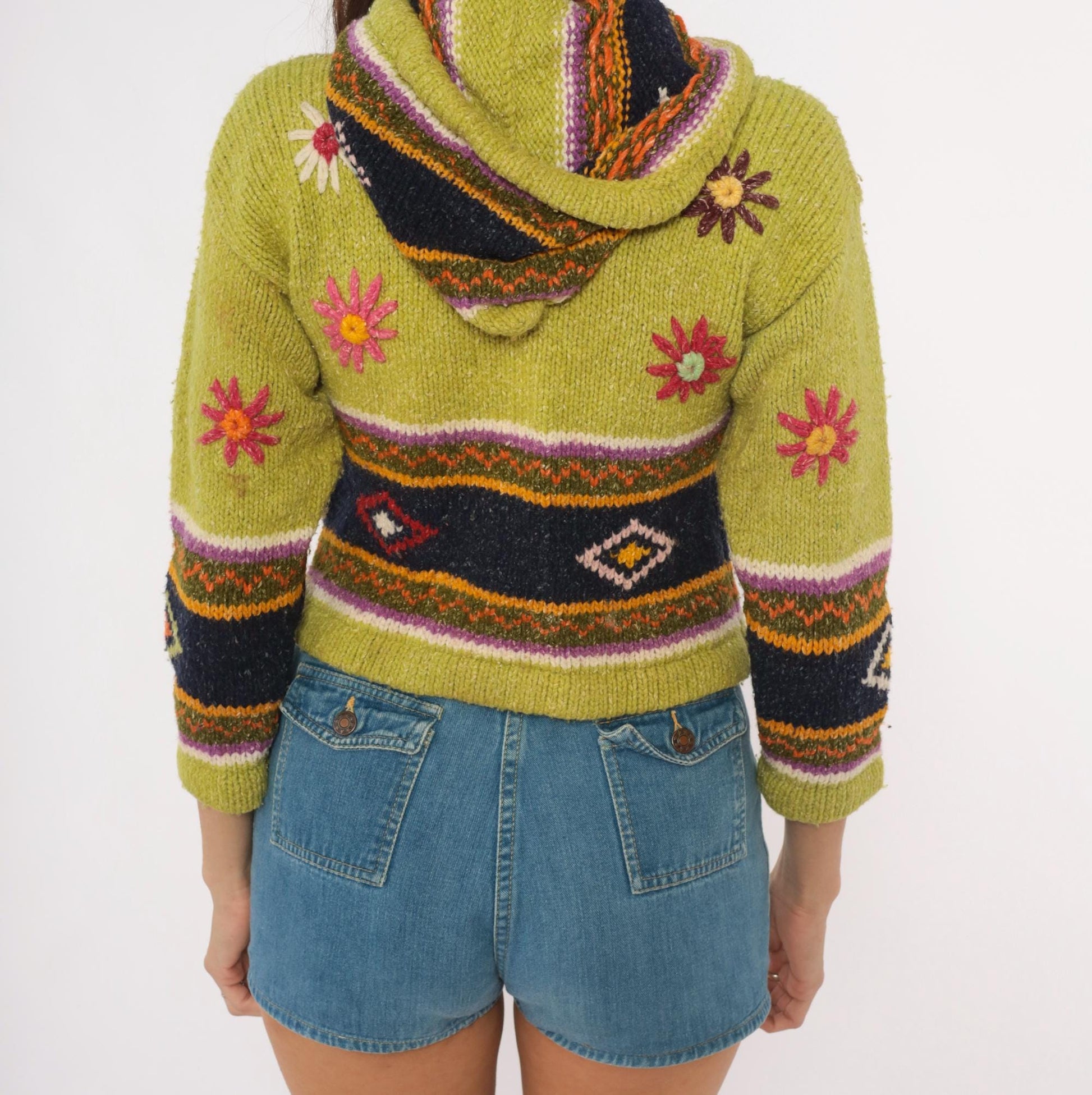2000s Olive Wool Cropped Hooded Zip Sweater Embroidered Floral Knit XXS
