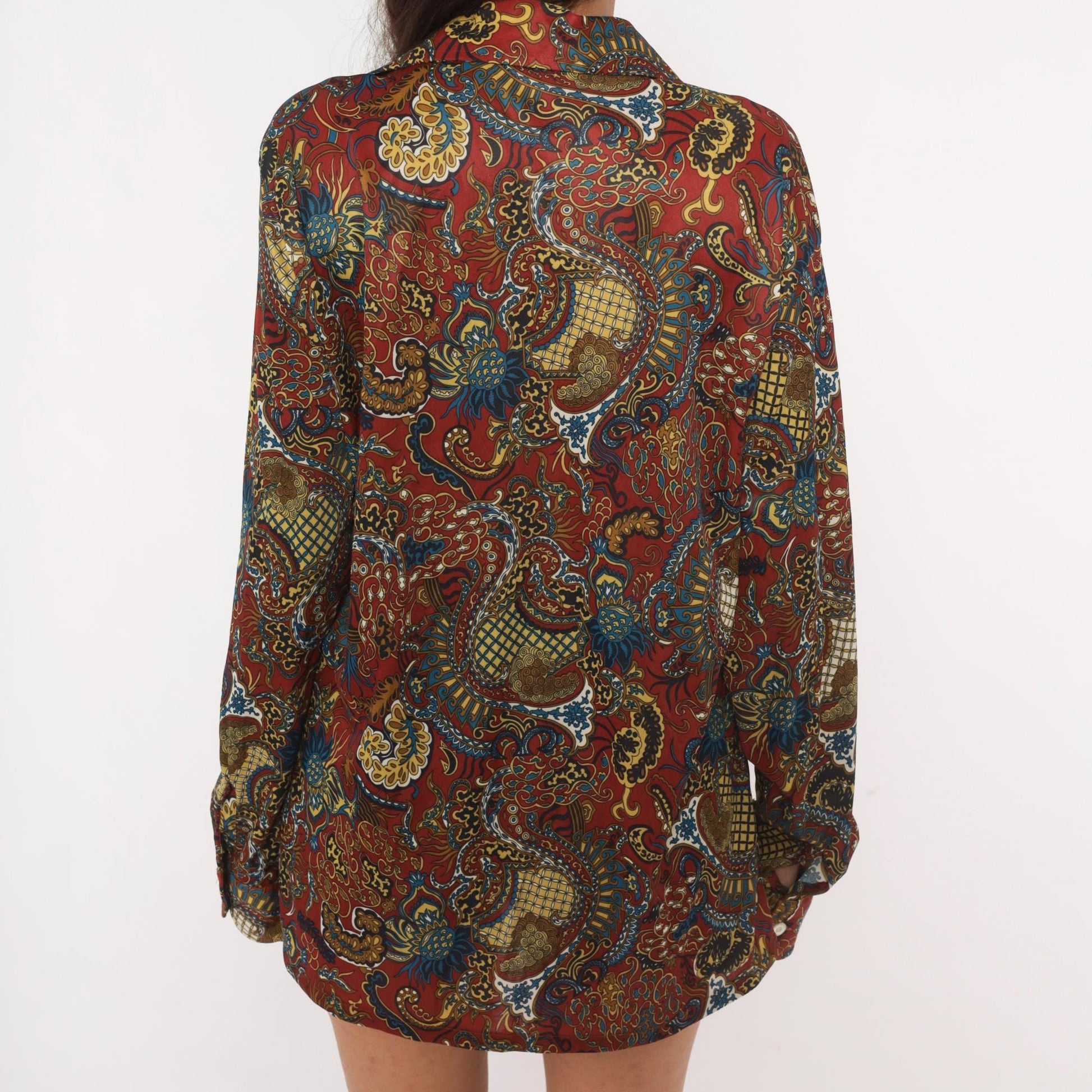 70s Perre La Grande Paisley Button Front Shirt Burgundy Blue Gold Medium