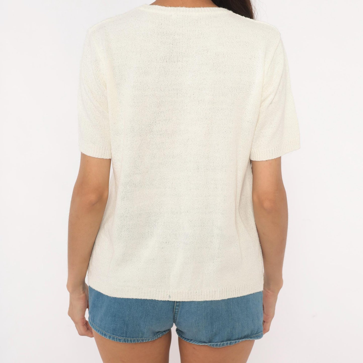 80s Pointelle Cable Knit Pullover Cream Short Sleeve Scoop Neck Large L