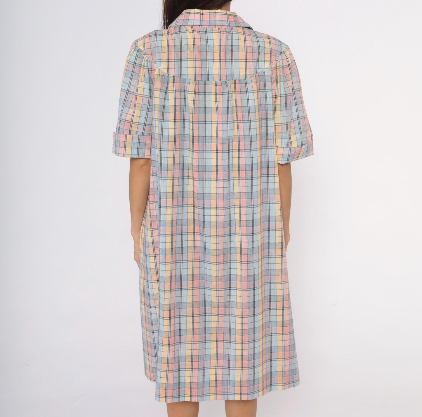 80s Pastel Plaid Cotton Shirt Dress Knee-Length Collared Housecoat Large
