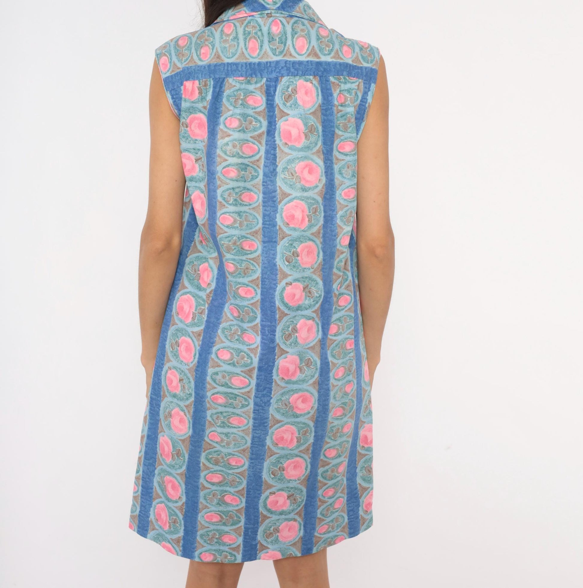 80s Floral Medallion Shirtdress Blue Pink Striped Cotton Sleeveless Medium