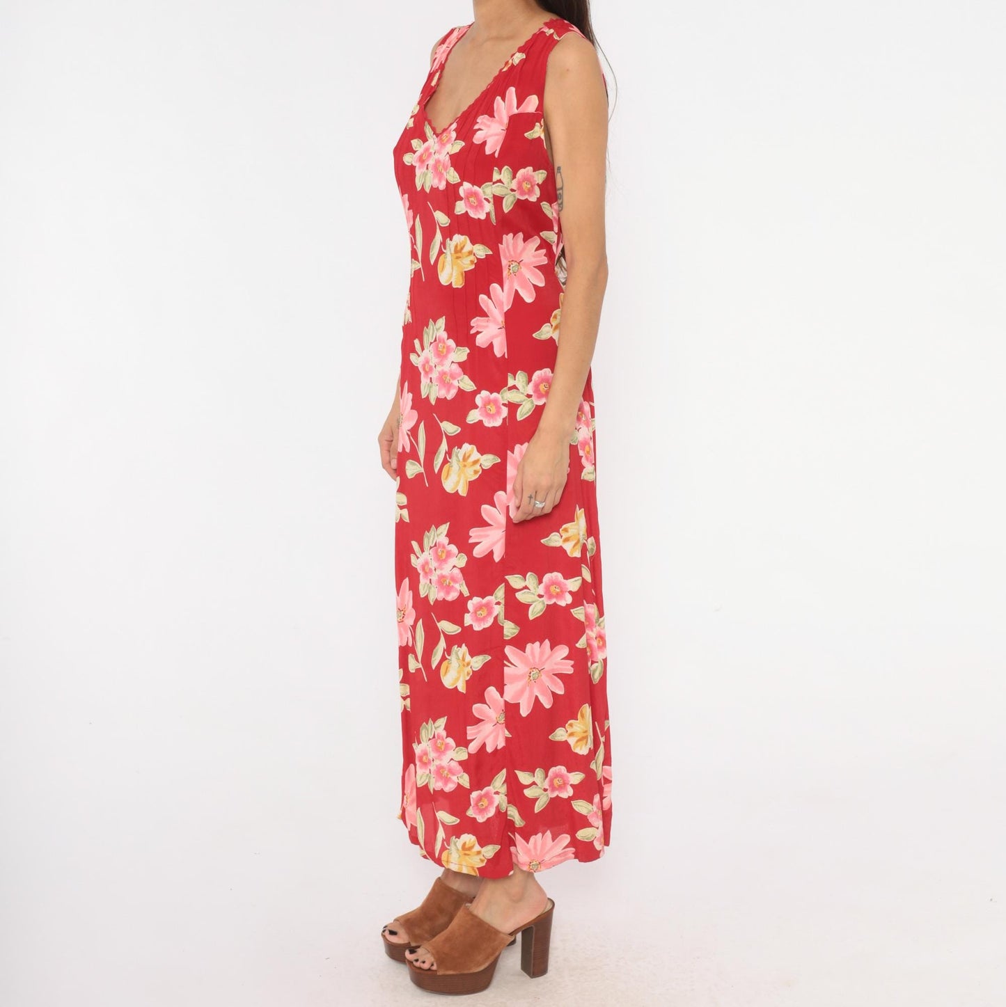 90s White Stag Red Floral Maxi Dress Sleeveless V-Neck Lace Trim Large L