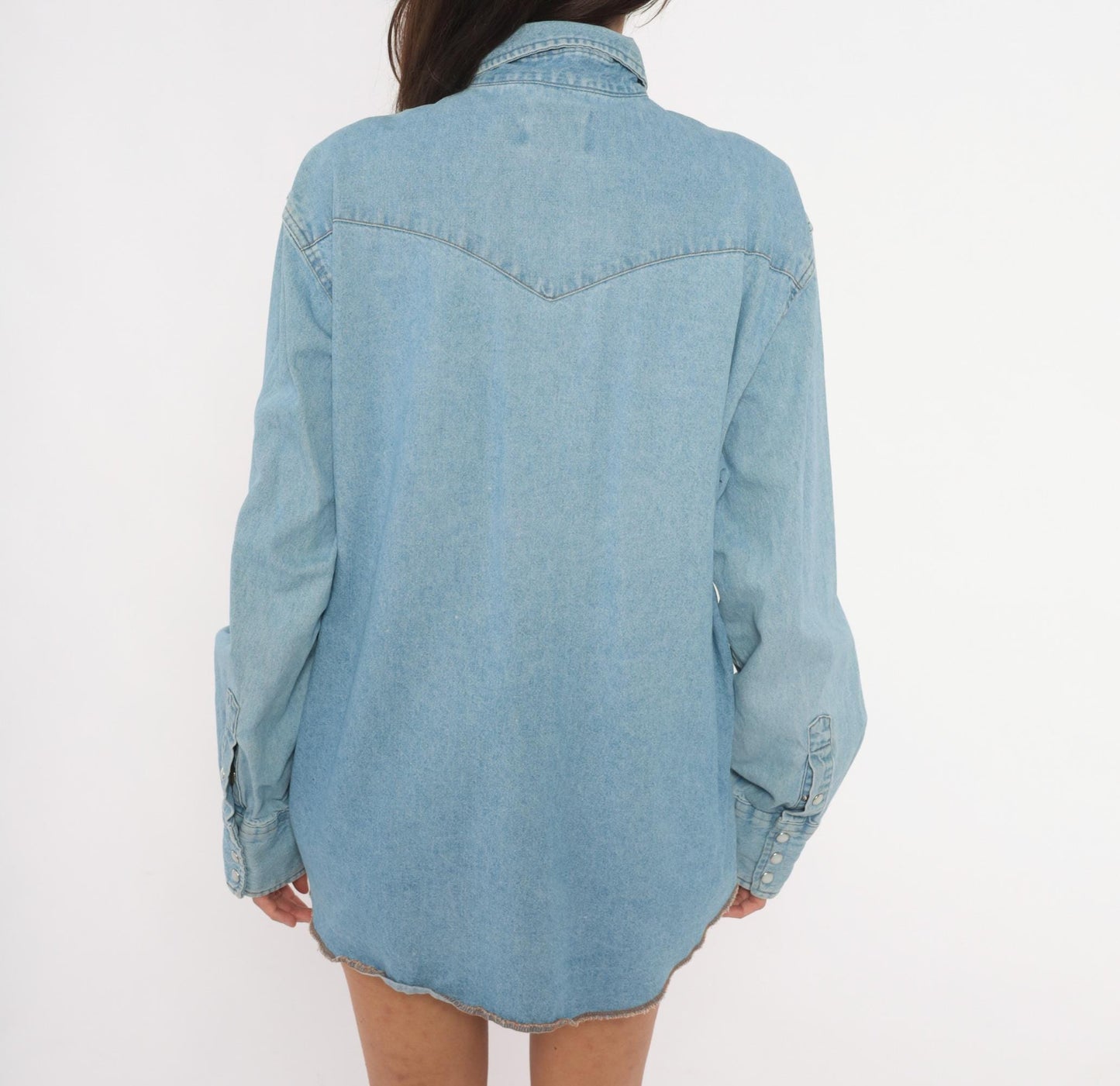 90s Wrangler Western Denim Shirt Pearl Snap Light Blue Cotton Large L