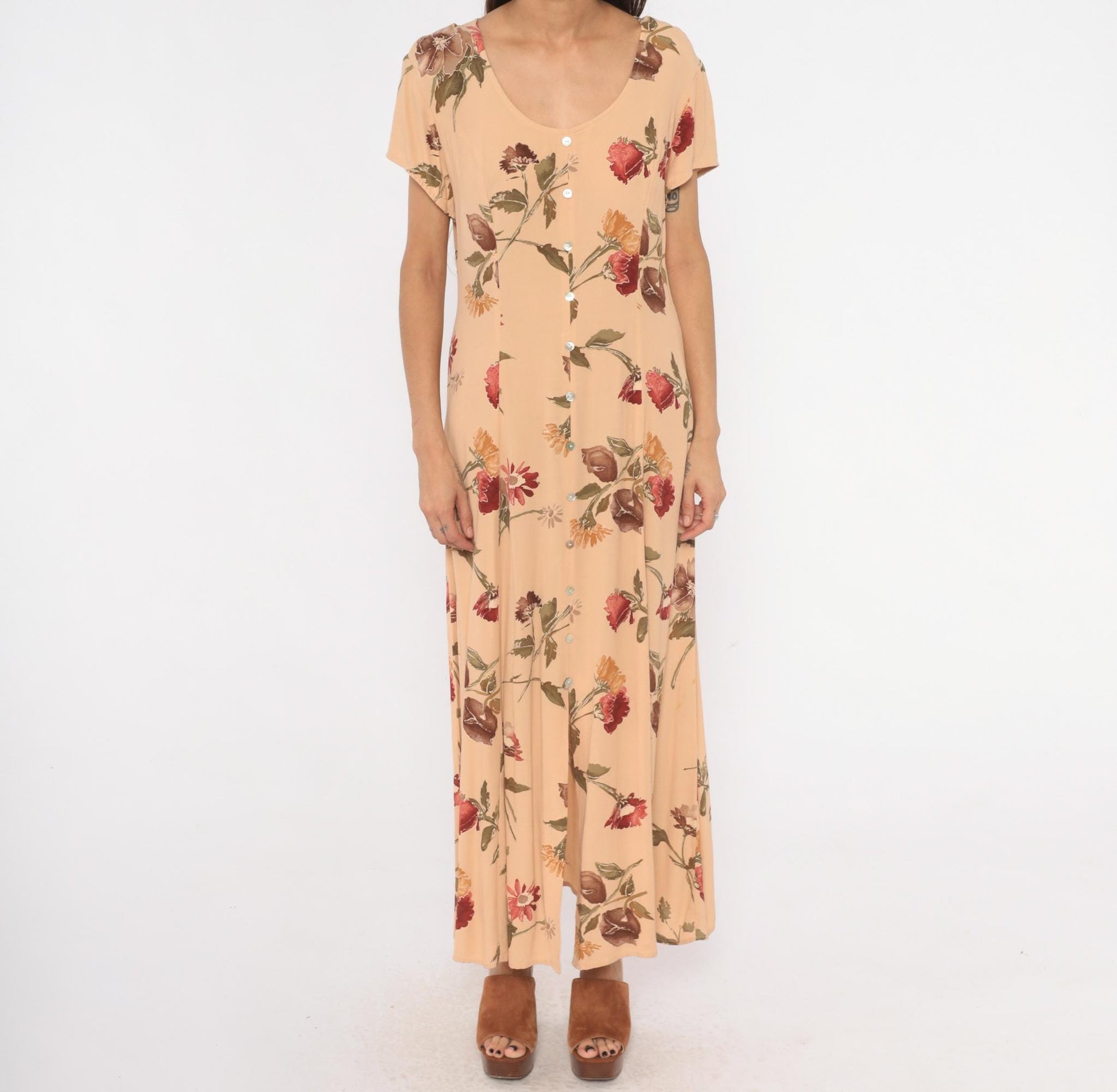 90s Jeffery & Dara Floral Maxi Dress Peach Button Front Scoop Neck Large L