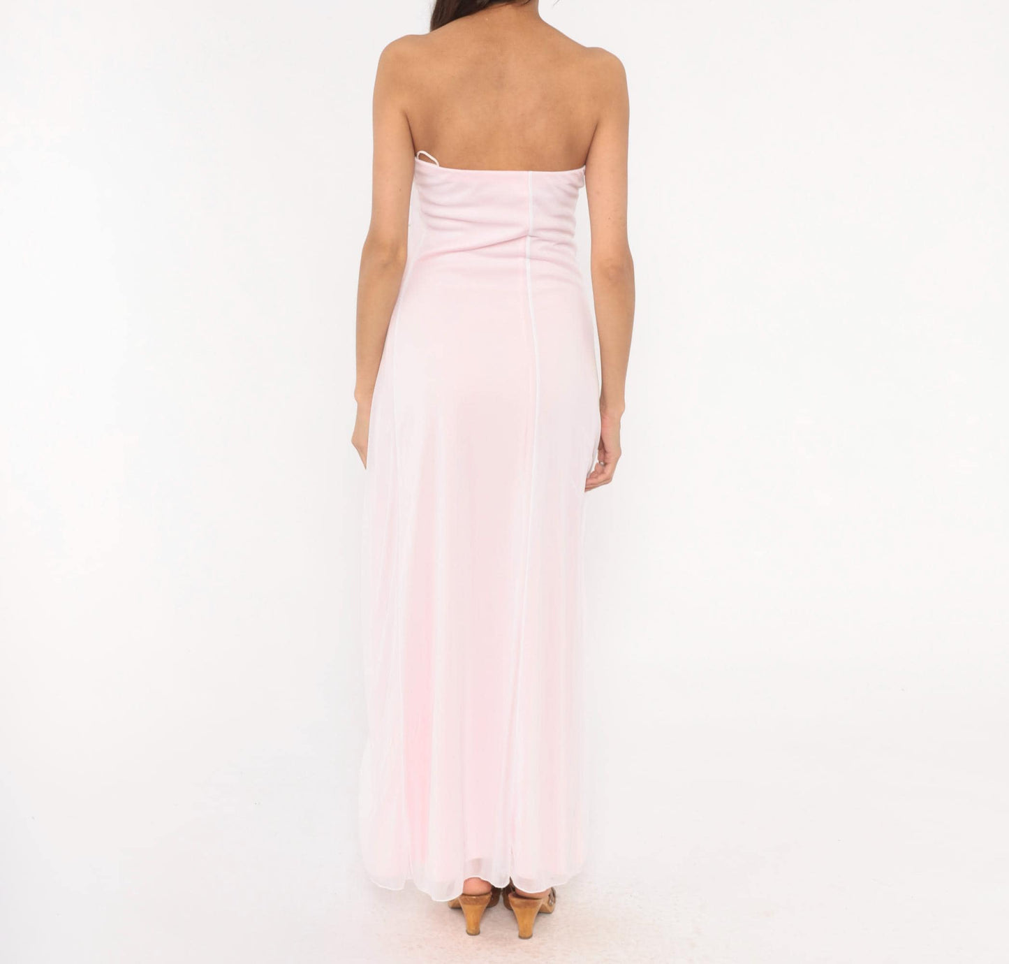 Y2K Baby Pink Strapless Maxi Gown Rhinestone Sweetheart Neckline Large L