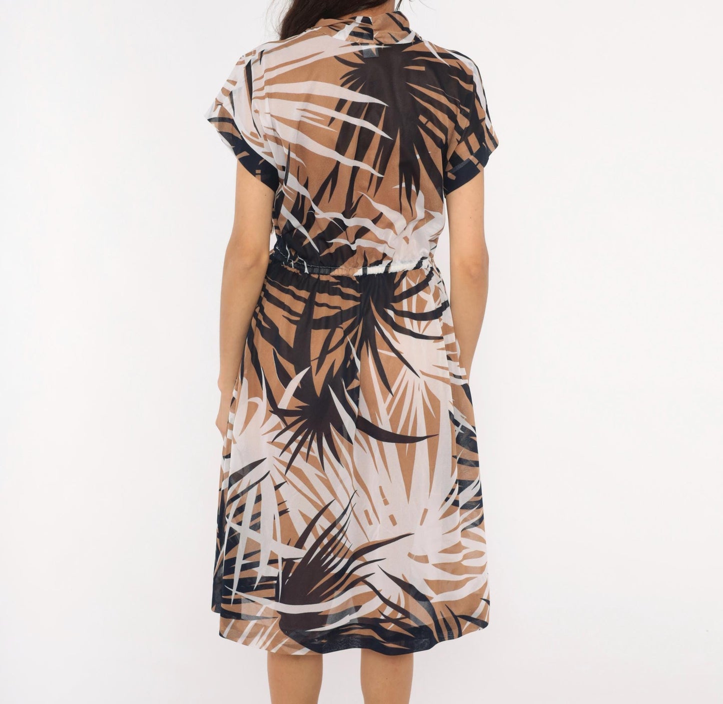70s Tropical Palm Leaf Wrap Dress Navy Tan Cream Sheer Knee-Length Small Medium