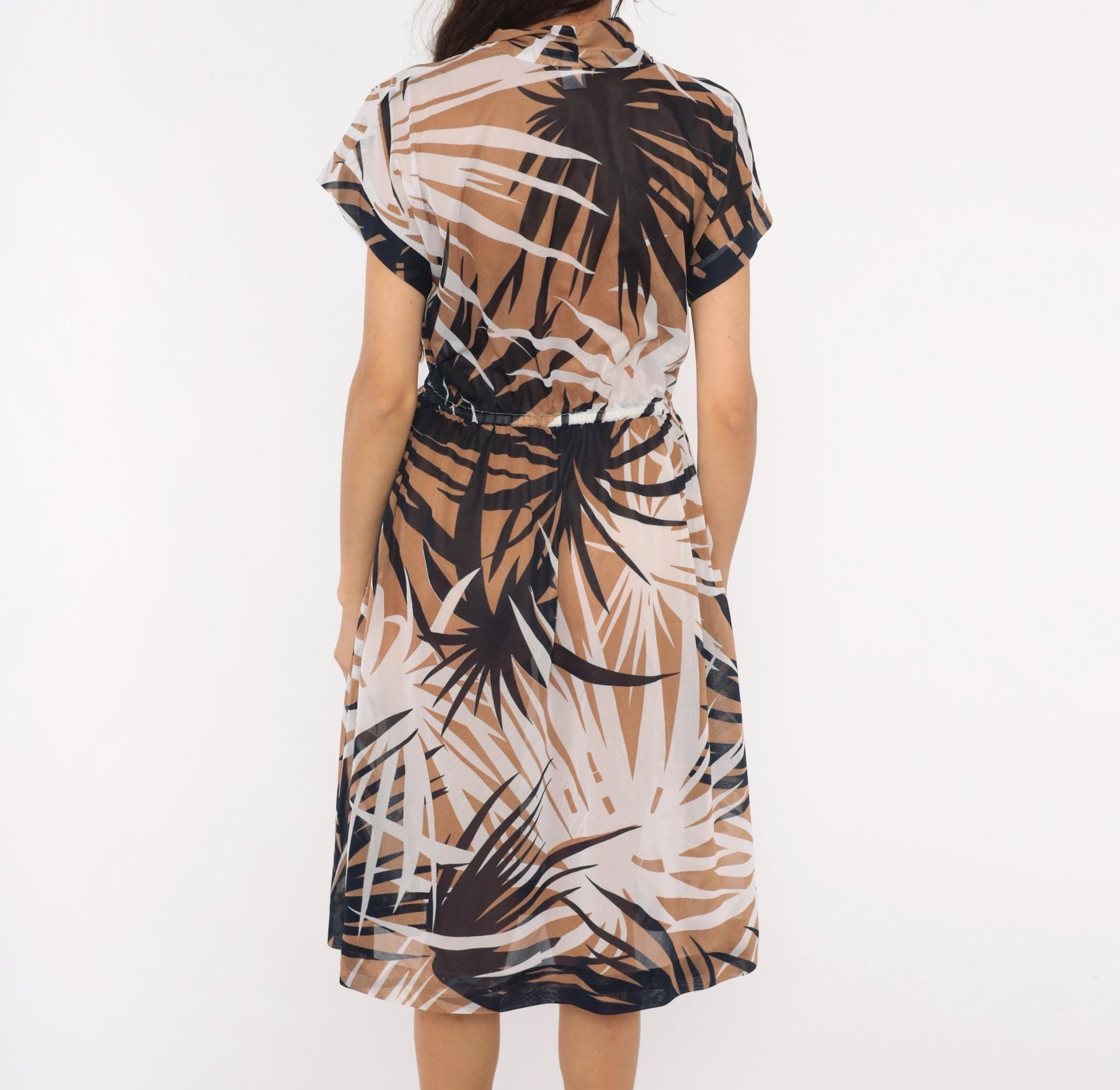 70s Tropical Palm Leaf Wrap Dress Navy Tan Cream Sheer Knee-Length Small Medium