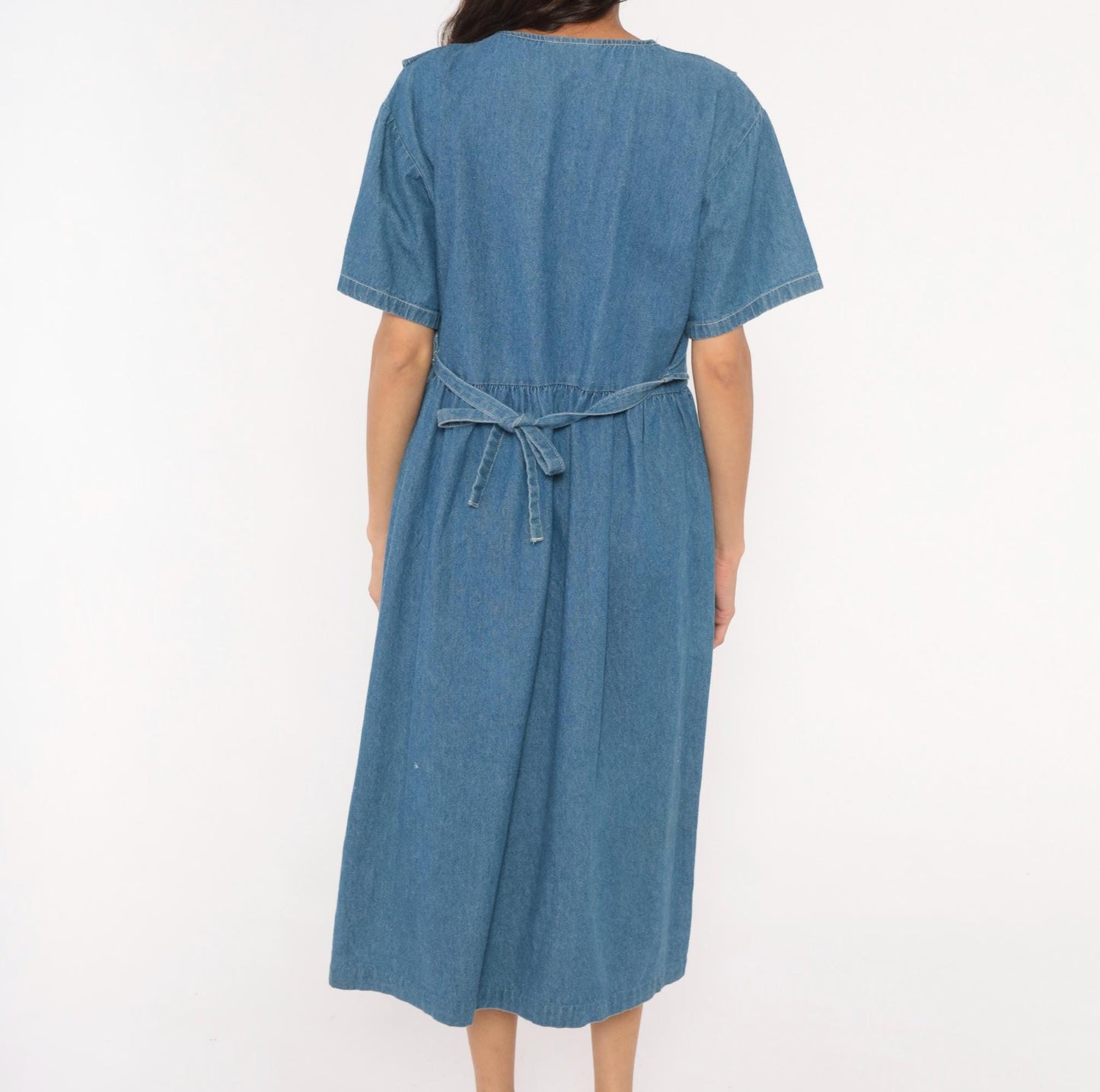 90s Miss & Mrs Cat Denim Midi Dress Patchwork Kitten Window V-Neck Cotton Large L