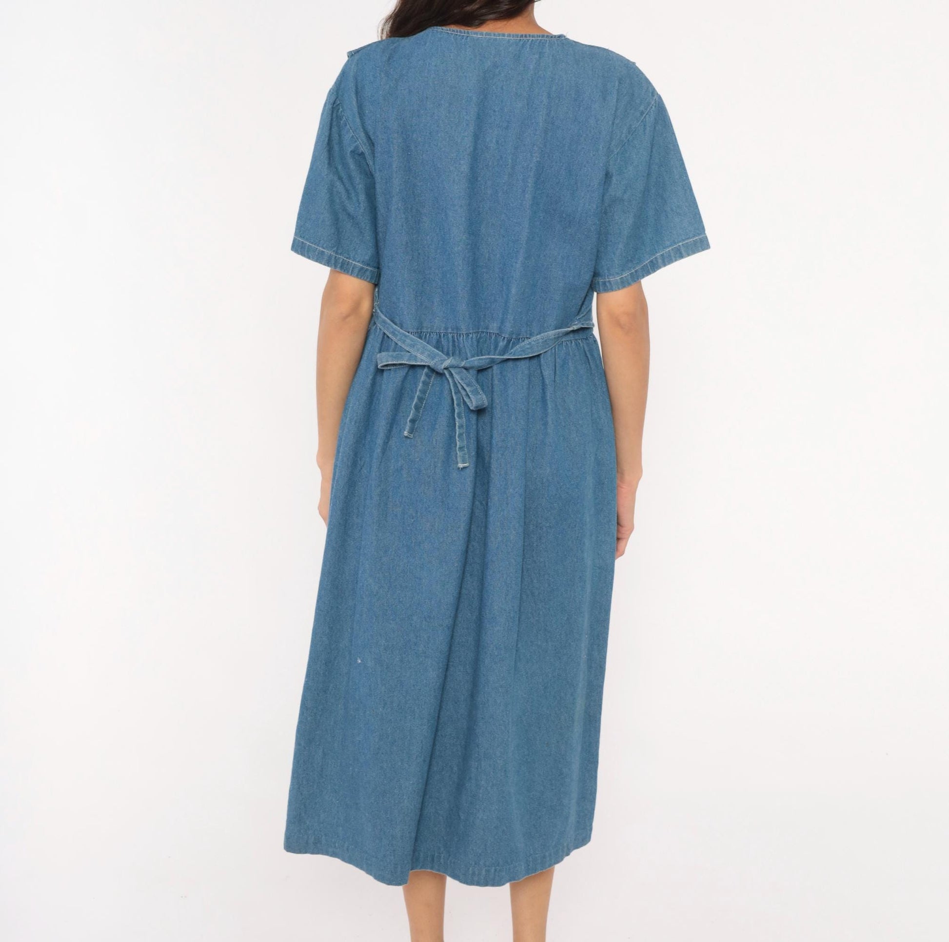 90s Miss & Mrs Cat Denim Midi Dress Patchwork Kitten Window V-Neck Cotton Large L