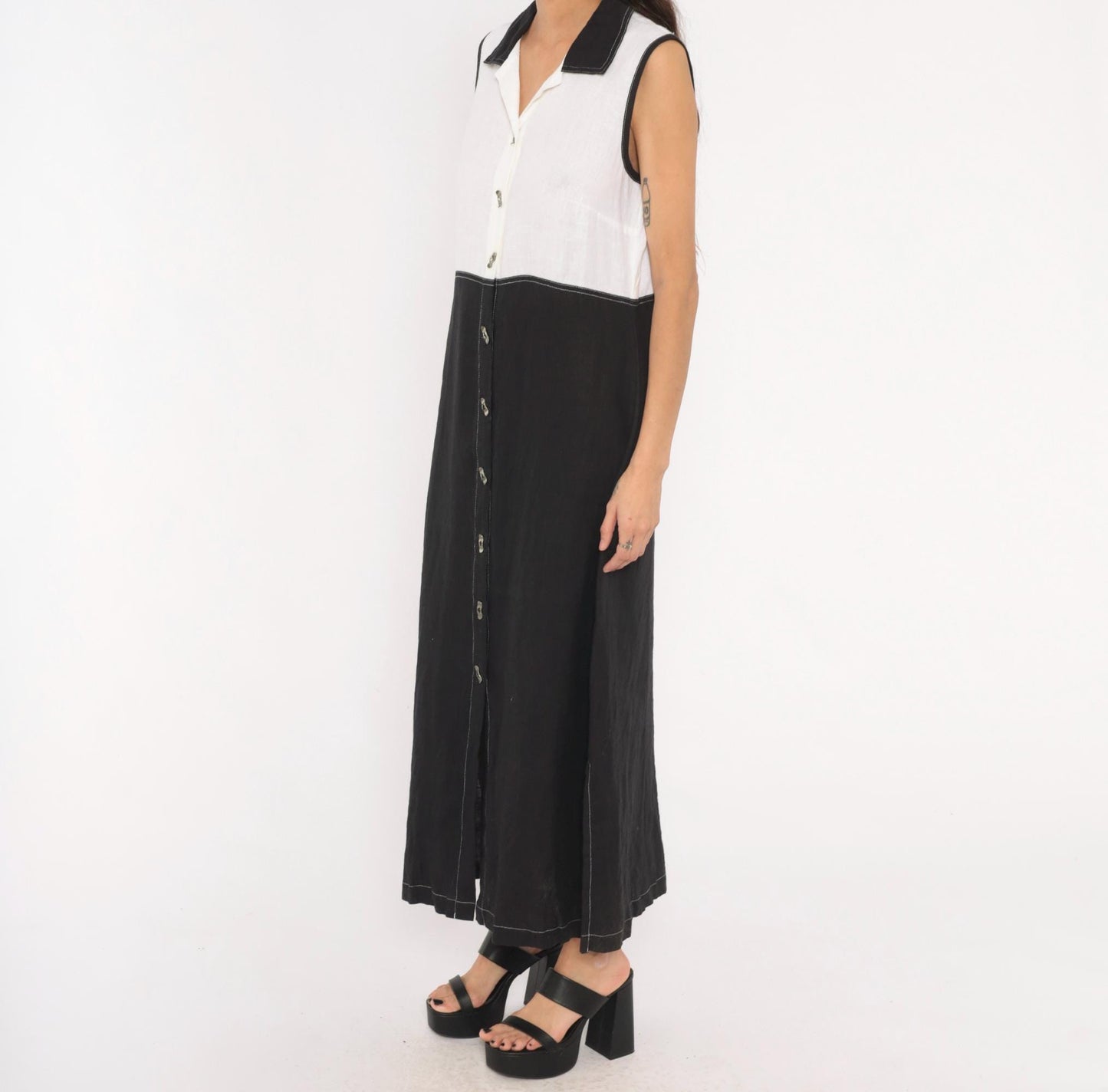 90s Nannette Keller Color Block Maxi Dress Black White Linen Cotton Medium M