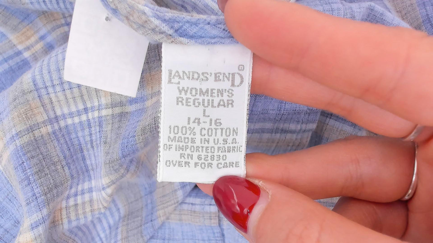 90s Lands' End Blue Plaid Cotton Midi Sundress Button Front Large L
