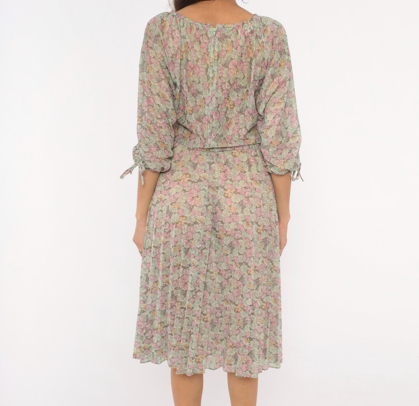 70s Bleeker Petites Floral Blouson Dress Pink Sage Green Tie Sleeve Small Medium