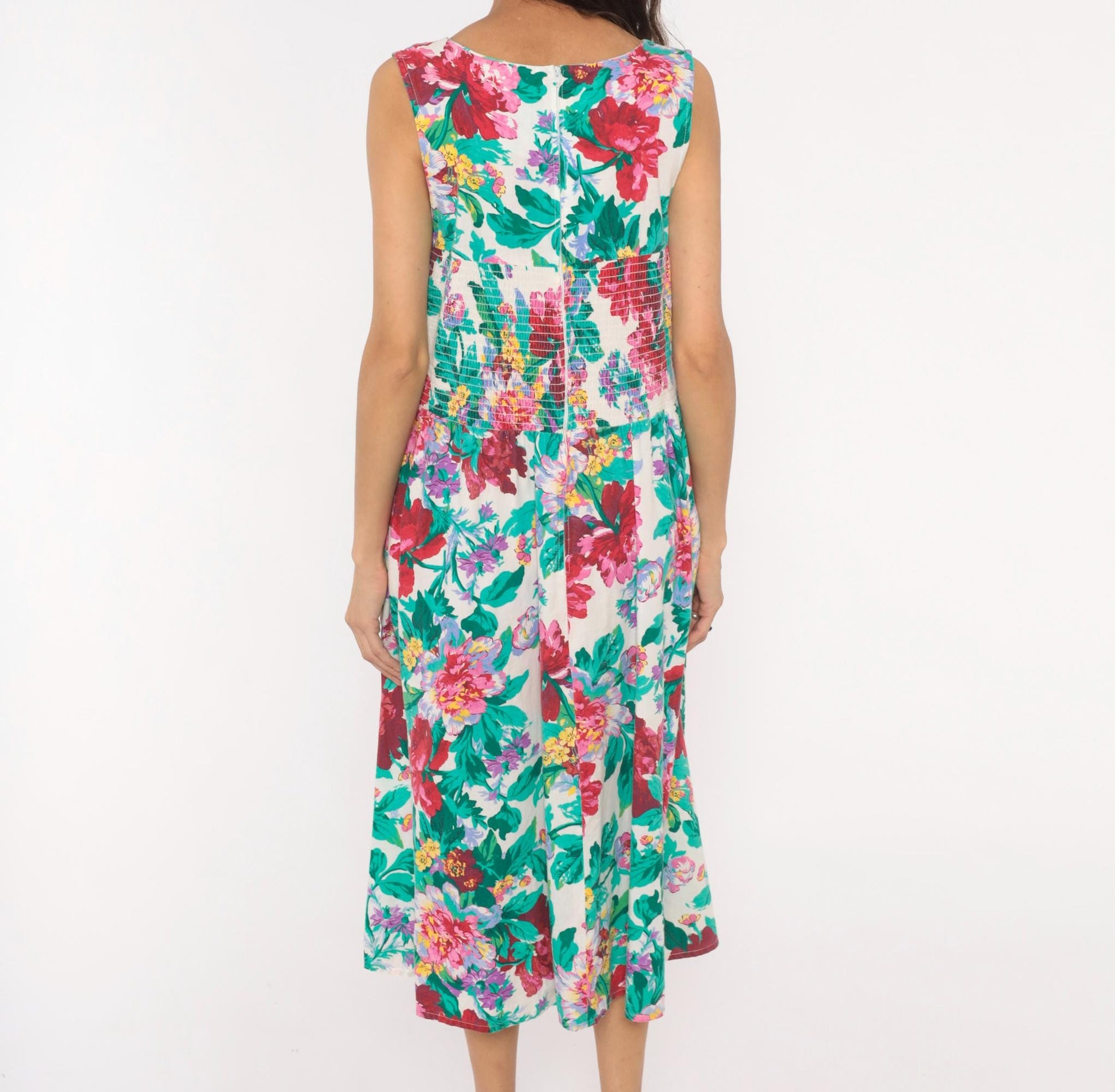 90s Brittany Nicole Floral Midi Sundress Cotton Peony Print Cream Large Petite