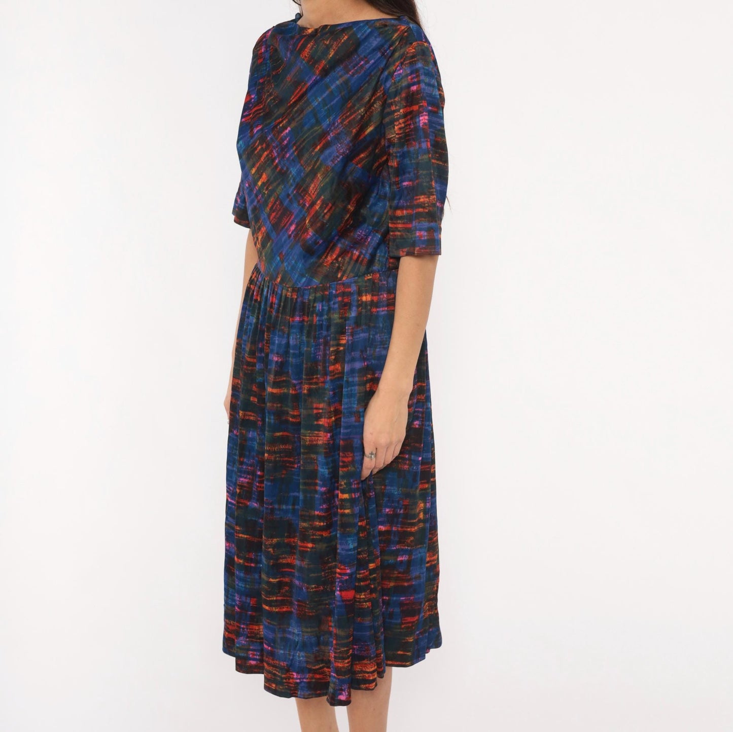 1960s L'Aiglon Cobalt Orange Plaid Dress Boat Neck Pleated Midi Large
