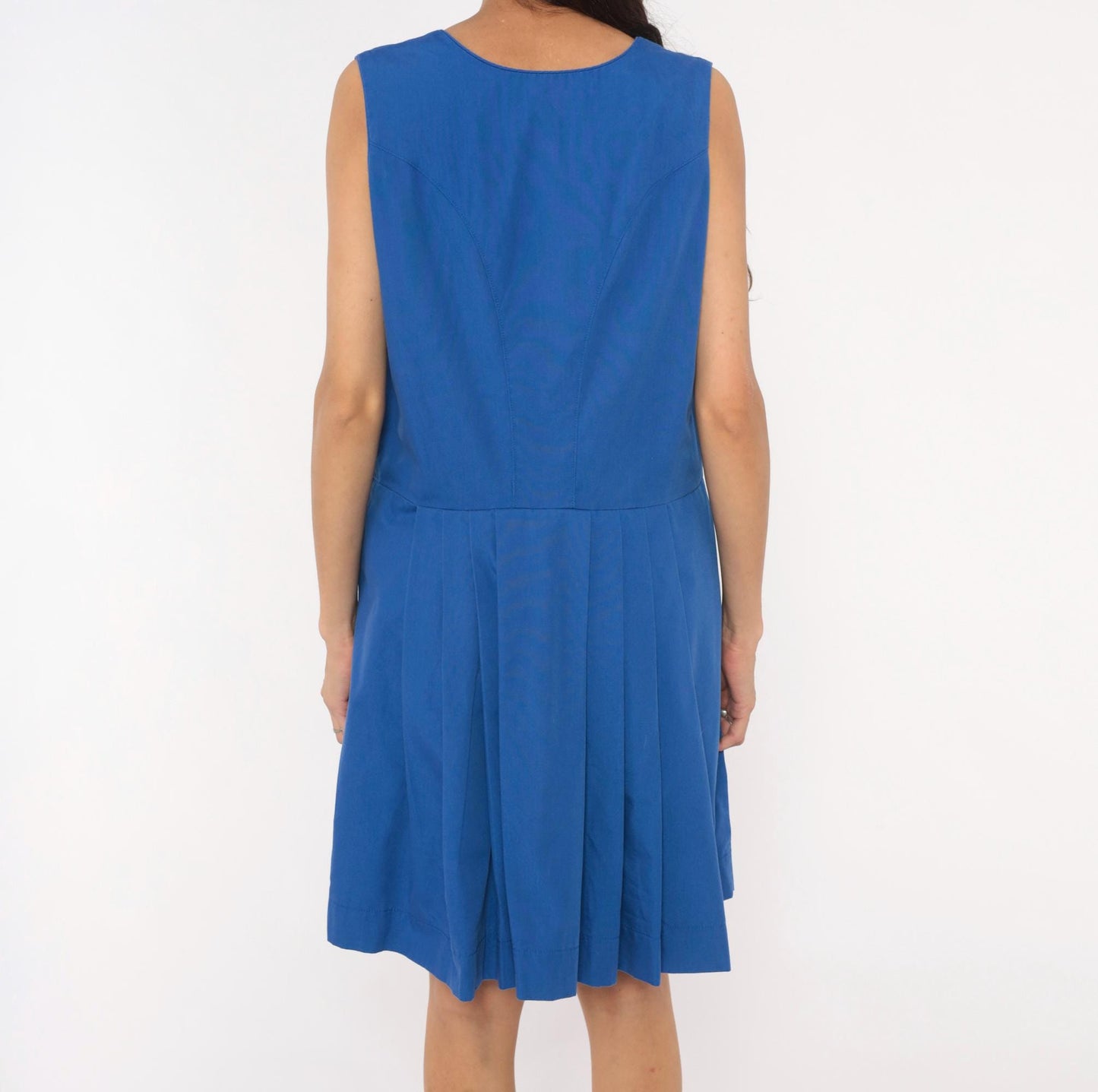 90s Cobalt Blue Button Front Dress Scoop Neck Pleated A-Line Knee Length Large