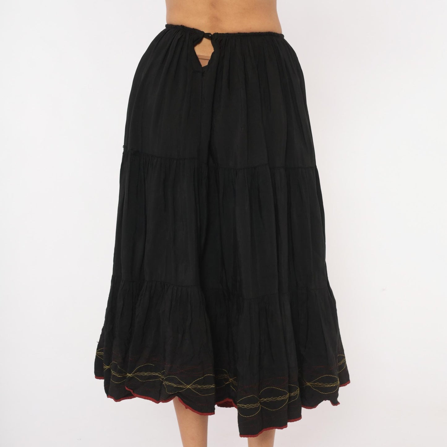 60s Black Tiered Midi Skirt Gold Embroidered Gathered Waist Acetate Extra Small XS