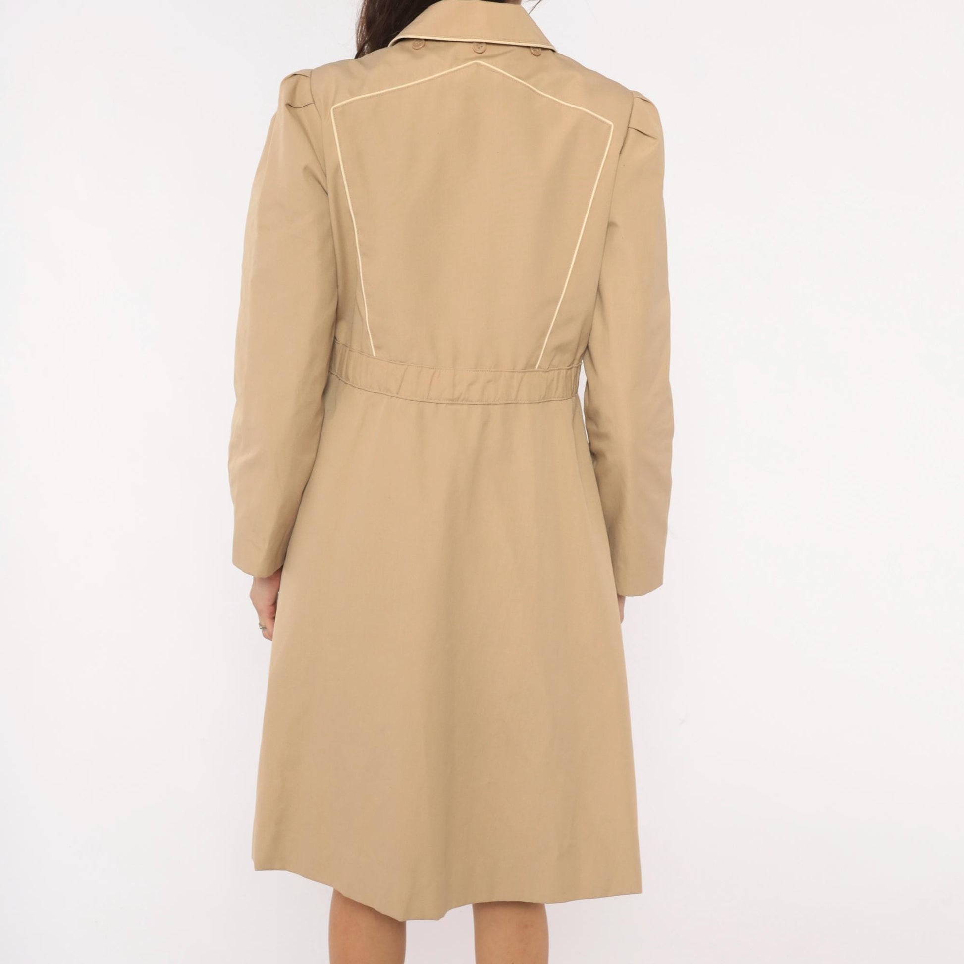 80s Windy Weather Tan Trench Coat Puff Sleeve Knee-Length Medium M