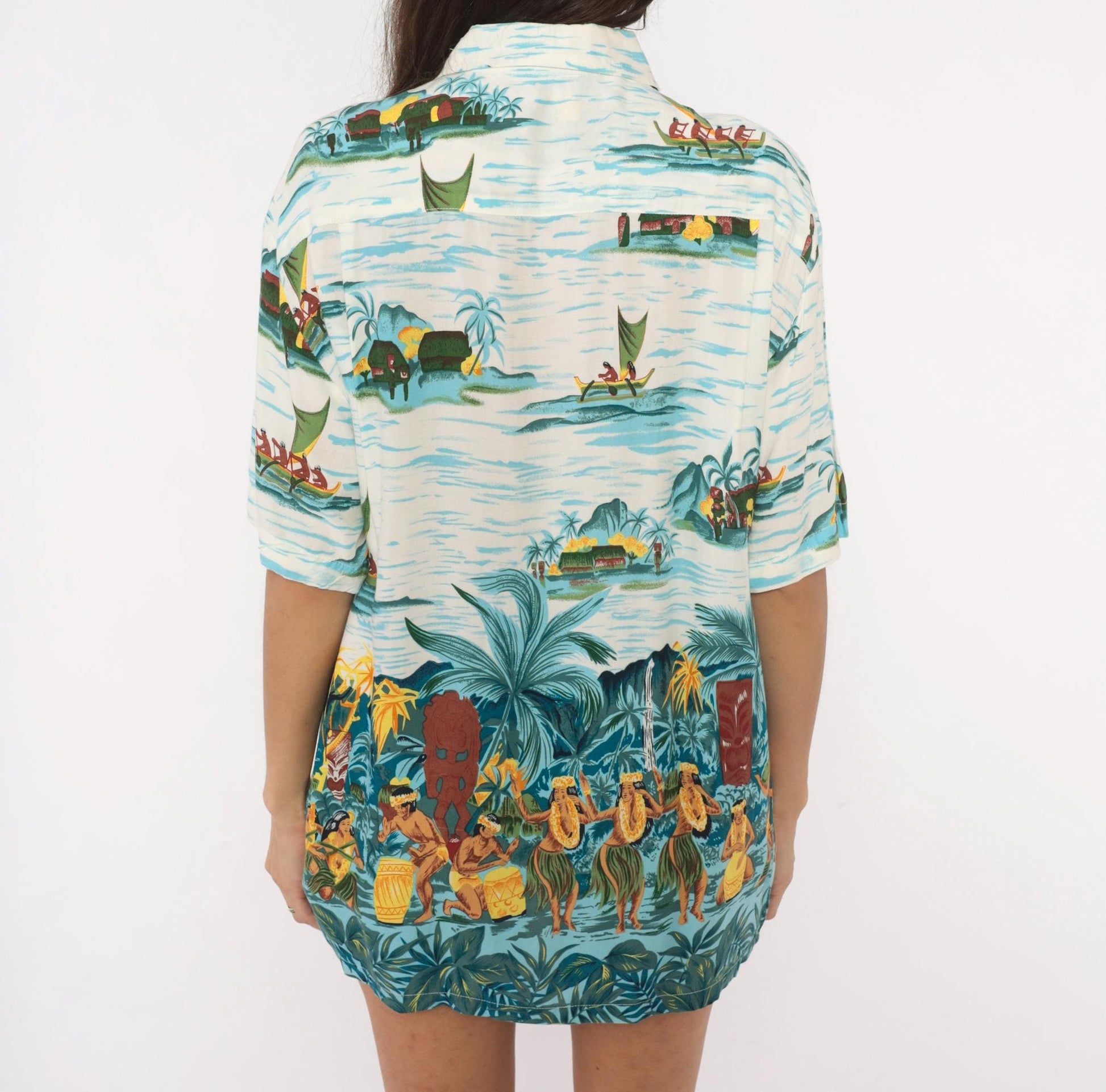 90s Kennington Ltd Hawaiian Shirt Polynesian Island Scene Blue Rayon Medium
