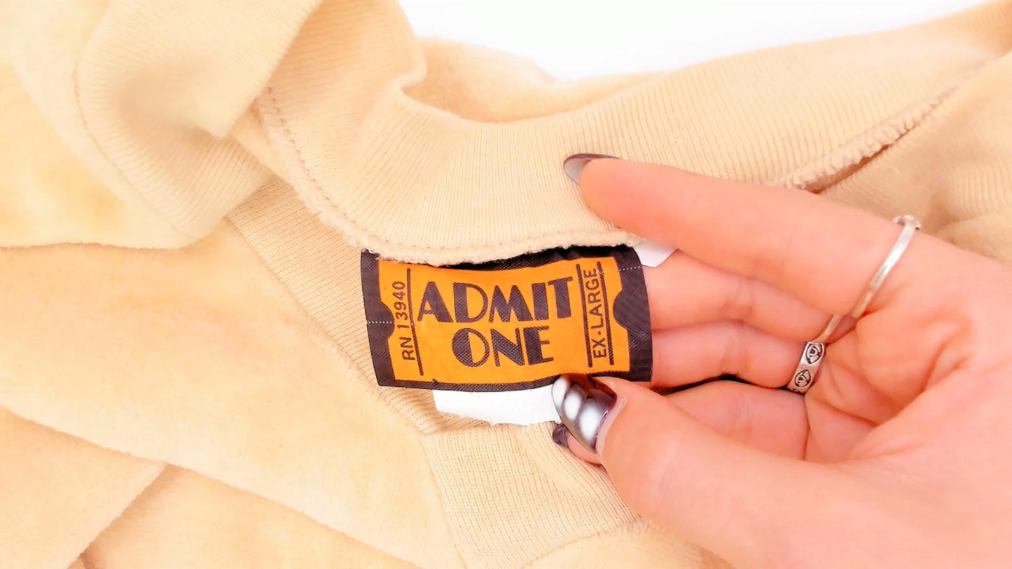 80s Admit One Velour Sweatshirt Cream Raglan V-Neck Extra Large XL