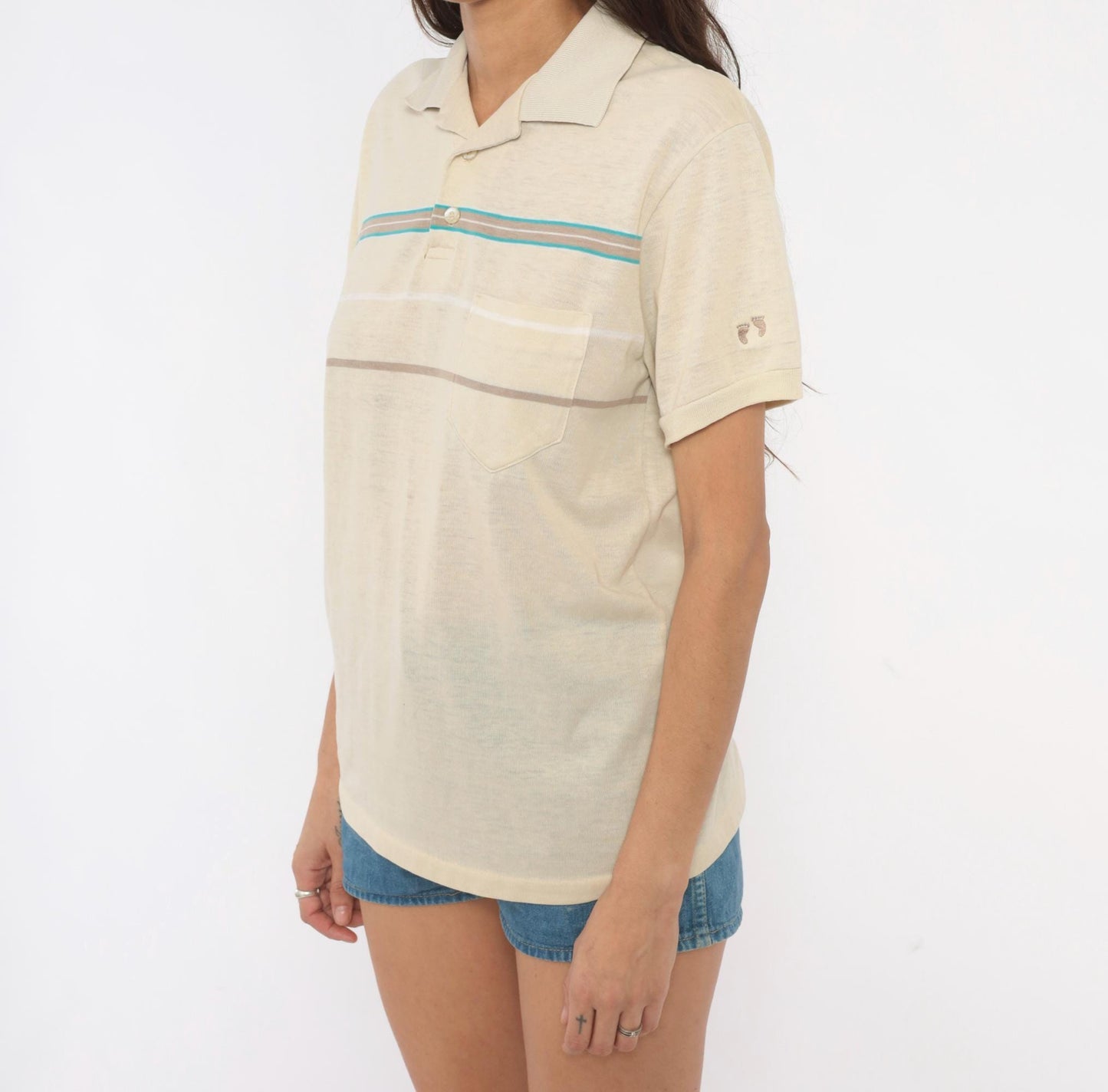 80s Hang Ten Polo Shirt Cream Teal Taupe Stripe Cotton Medium M