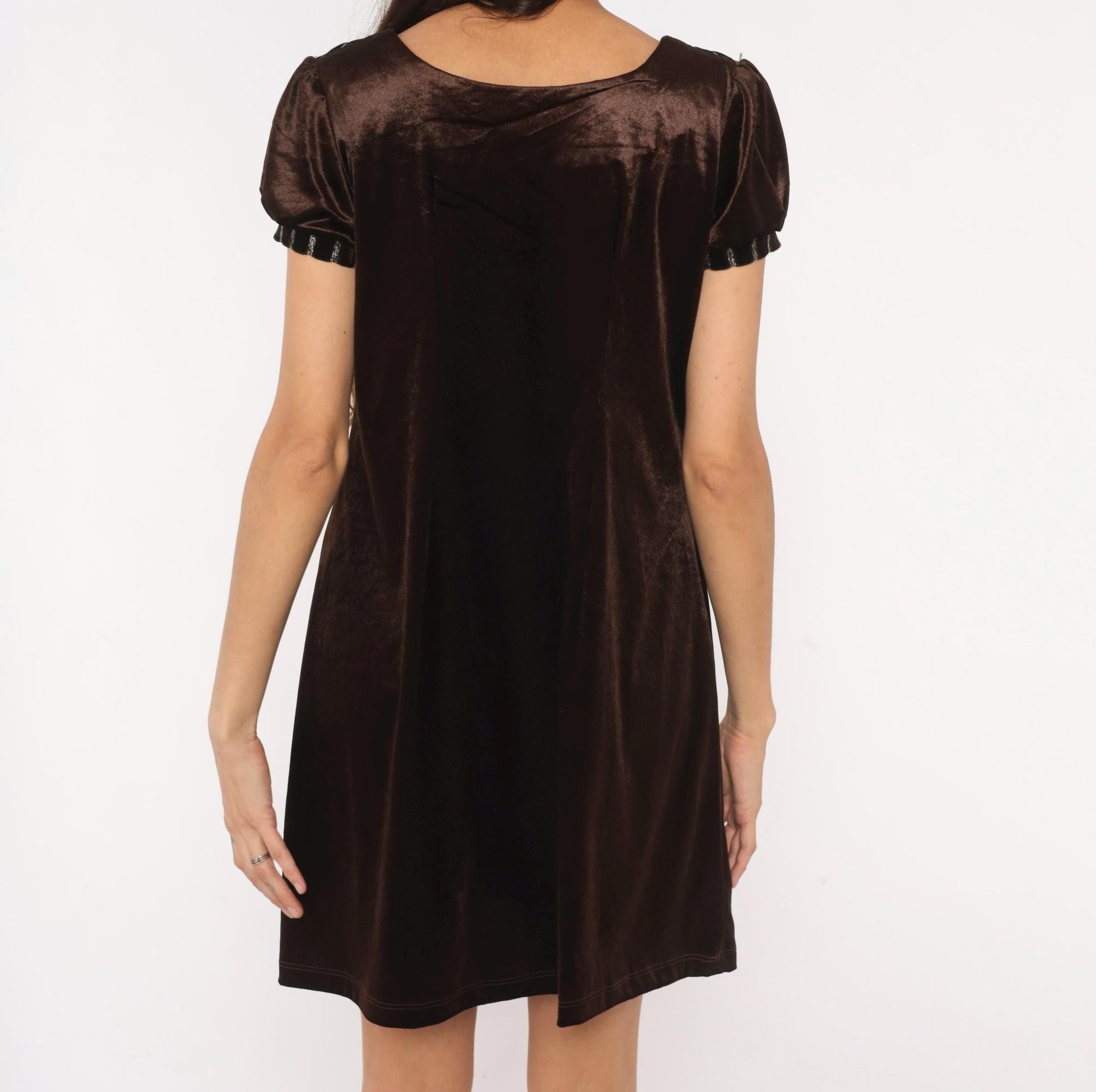 Y2K Chocolate Brown Velvet Mini Dress Puff Sleeve Beaded Small S