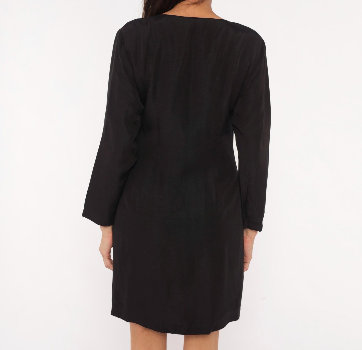 90s La Belle Black Mini Dress V-Neck Rhinestone Buttons Long Sleeve Medium M