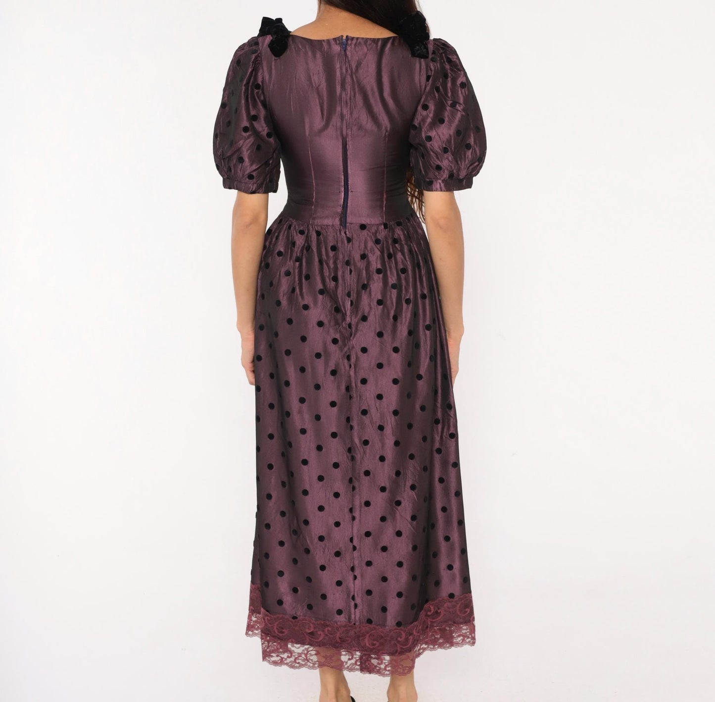 90s Plum Polka Dot Velvet Trim Puff Sleeve Gown V Neck Small
