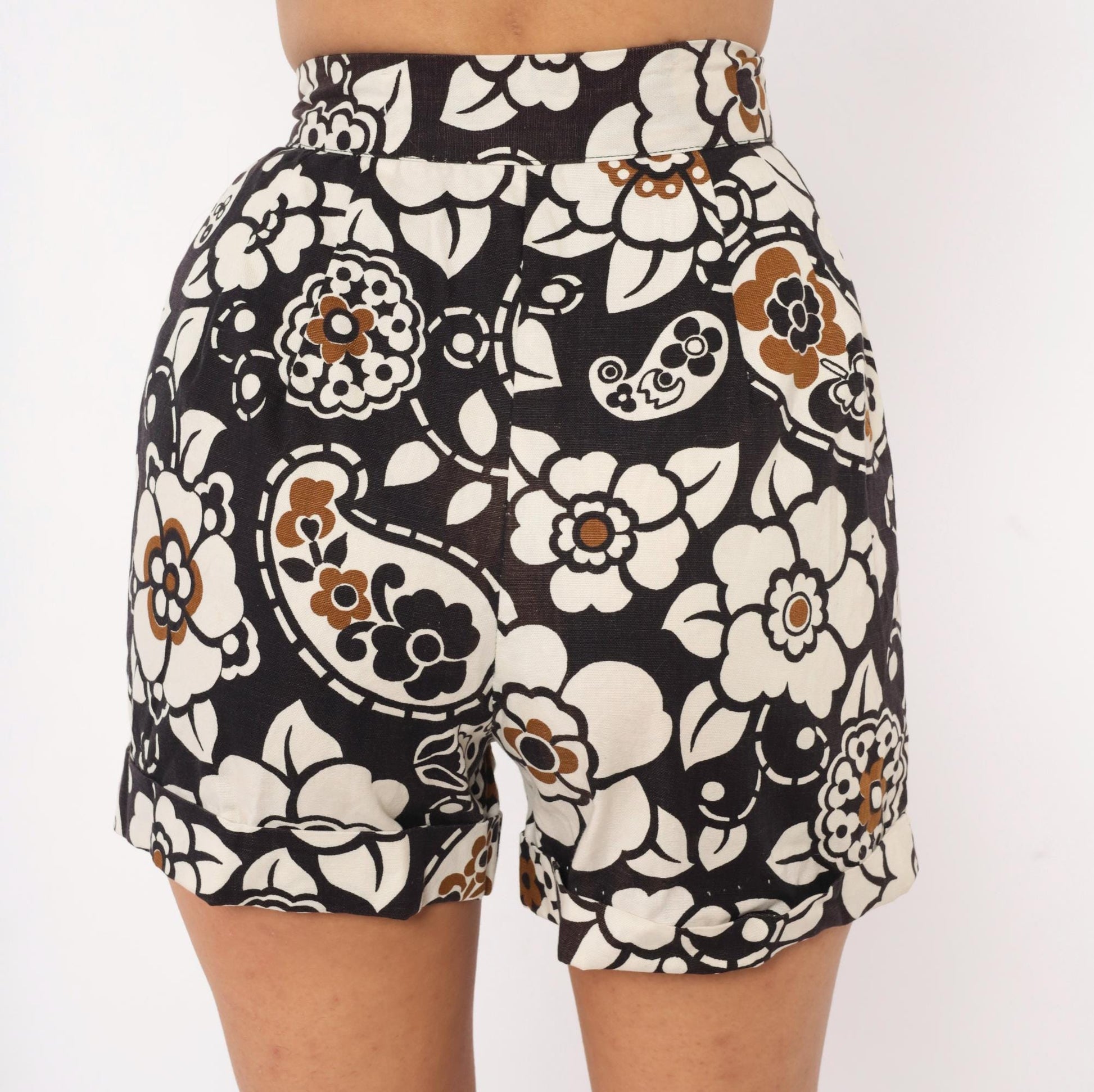 60s Floral Paisley High-Waisted Shorts Cotton Black Cream Brown Mod Extra Small XS
