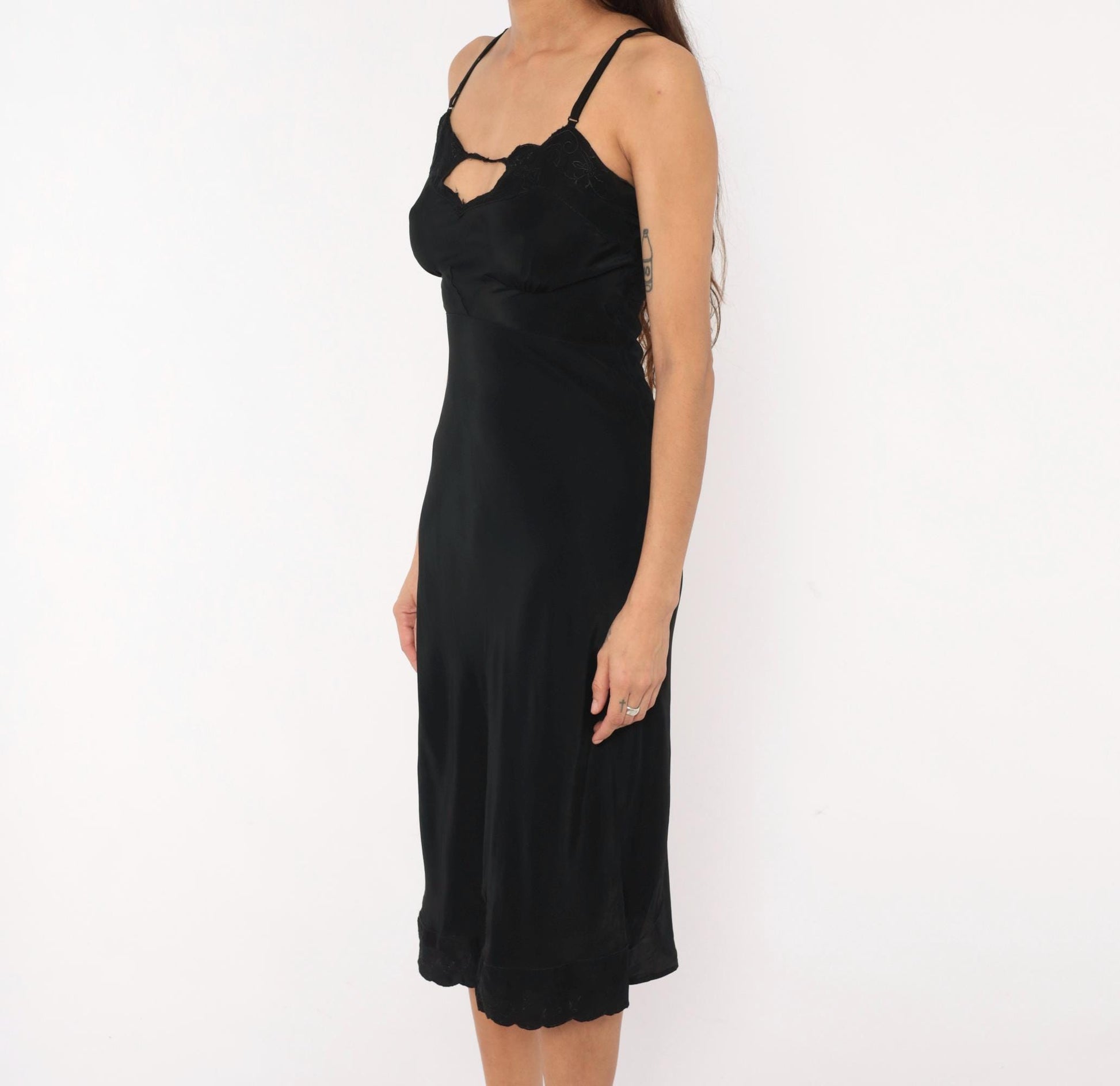 70s Black Silk Slip Dress Heart Cutout Lace Trim Spaghetti Strap Extra Small