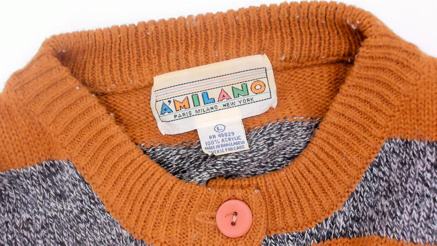 90s Amilano Striped Henley Sweater Mustard Grey Button Front Small